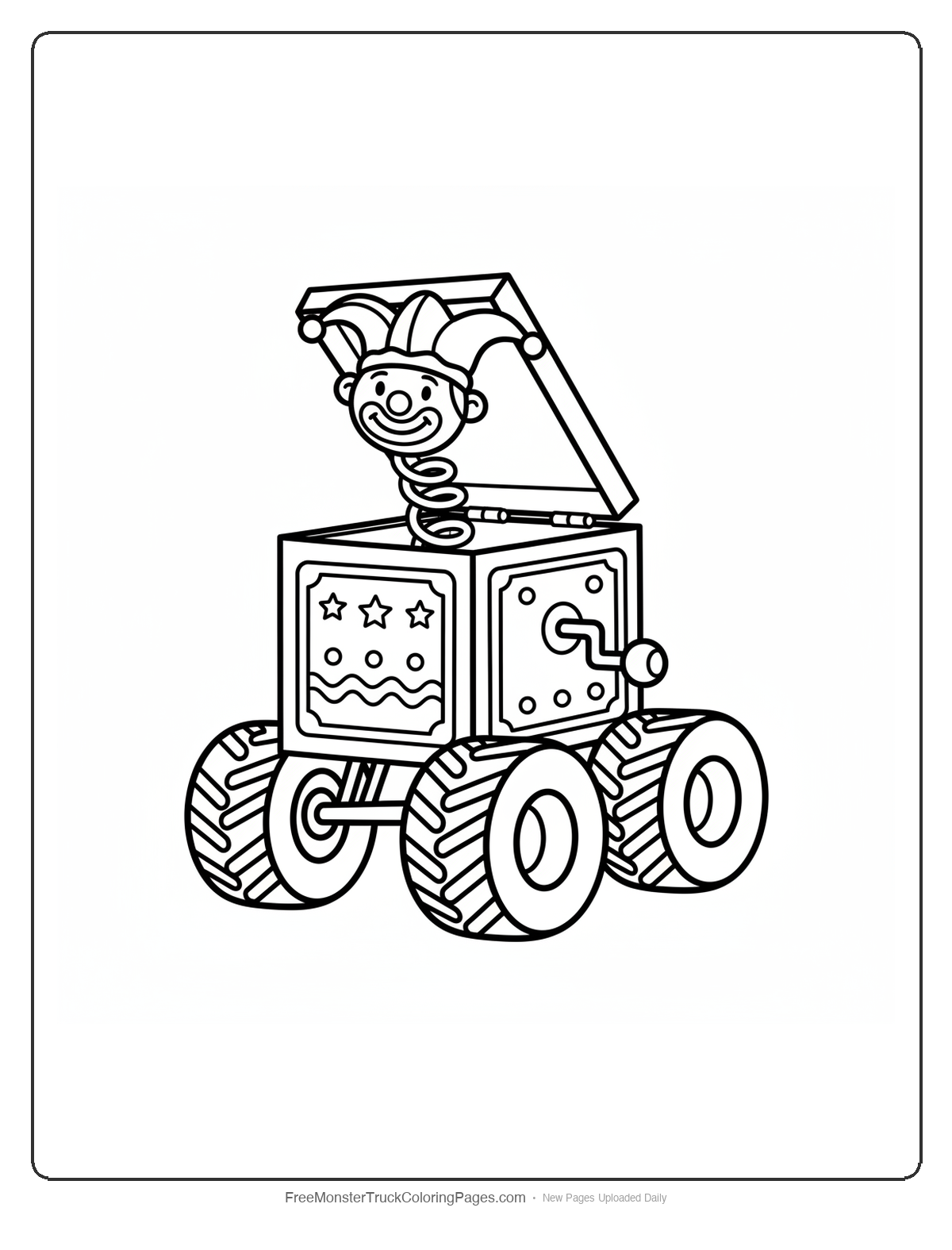 Black and white coloring page of a monster truck designed like a jack-in-the-box with cube body, spring character, and large wheels