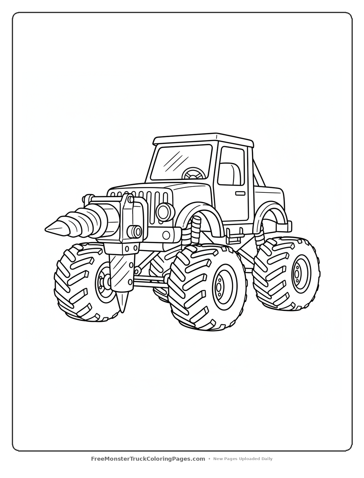 Black and white coloring page of a monster truck with a jackhammer drill attachment and large wheels