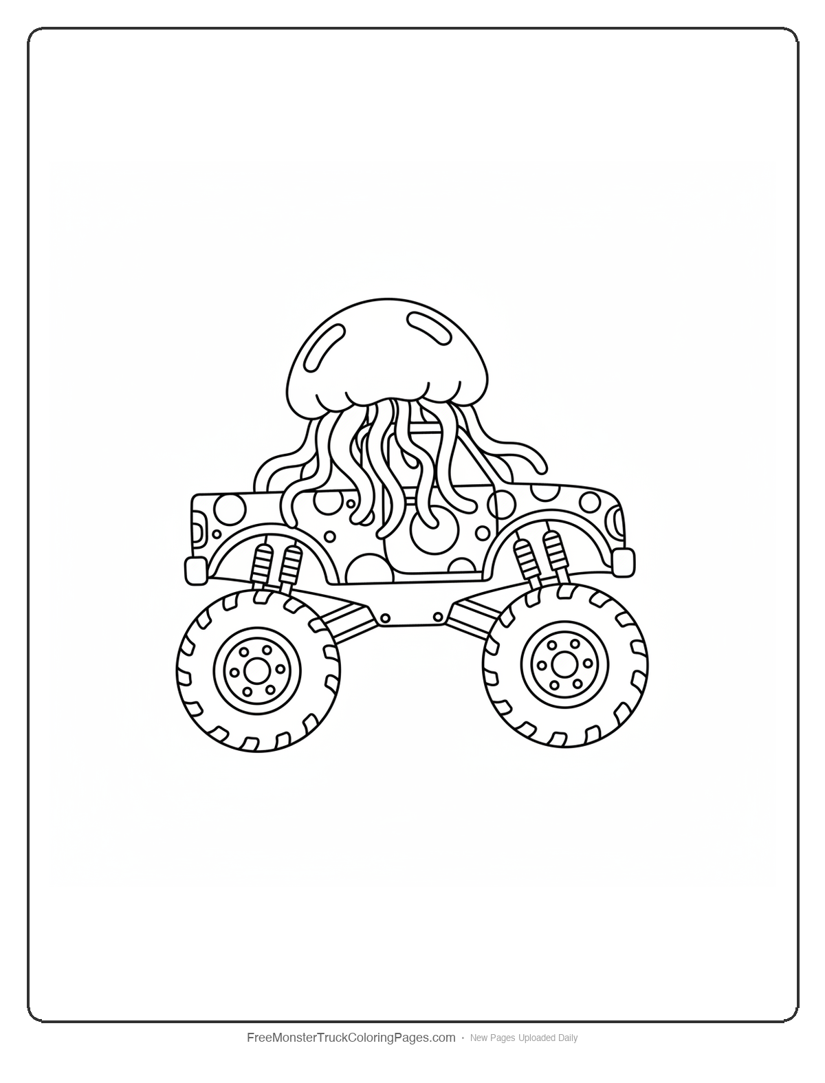 Monster truck coloring page with jellyfish bell-shaped roof and flowing tentacle decorations hanging from sides
