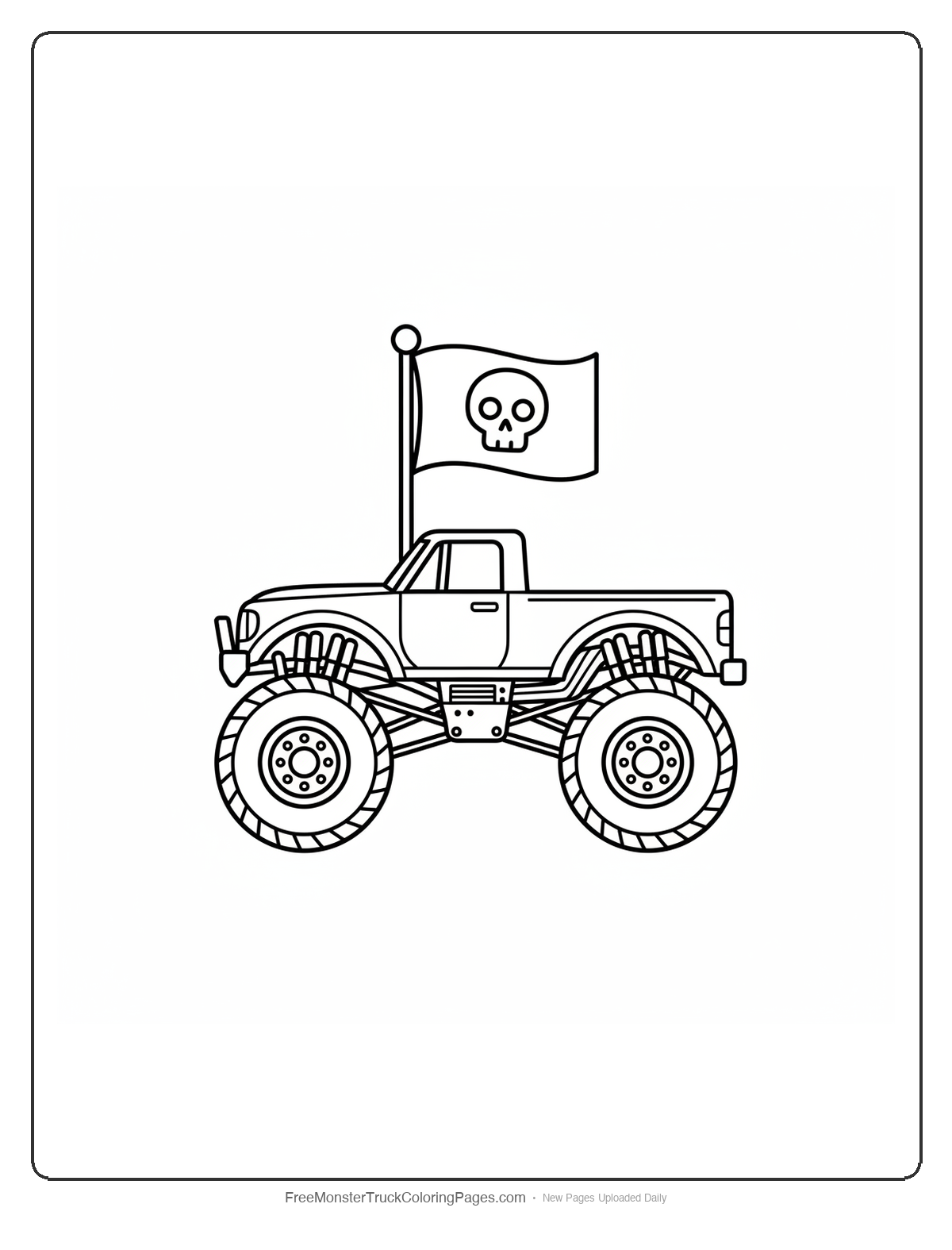 Black and white coloring page of a simple monster truck with a mast and Jolly Roger skull flag in the truck bed