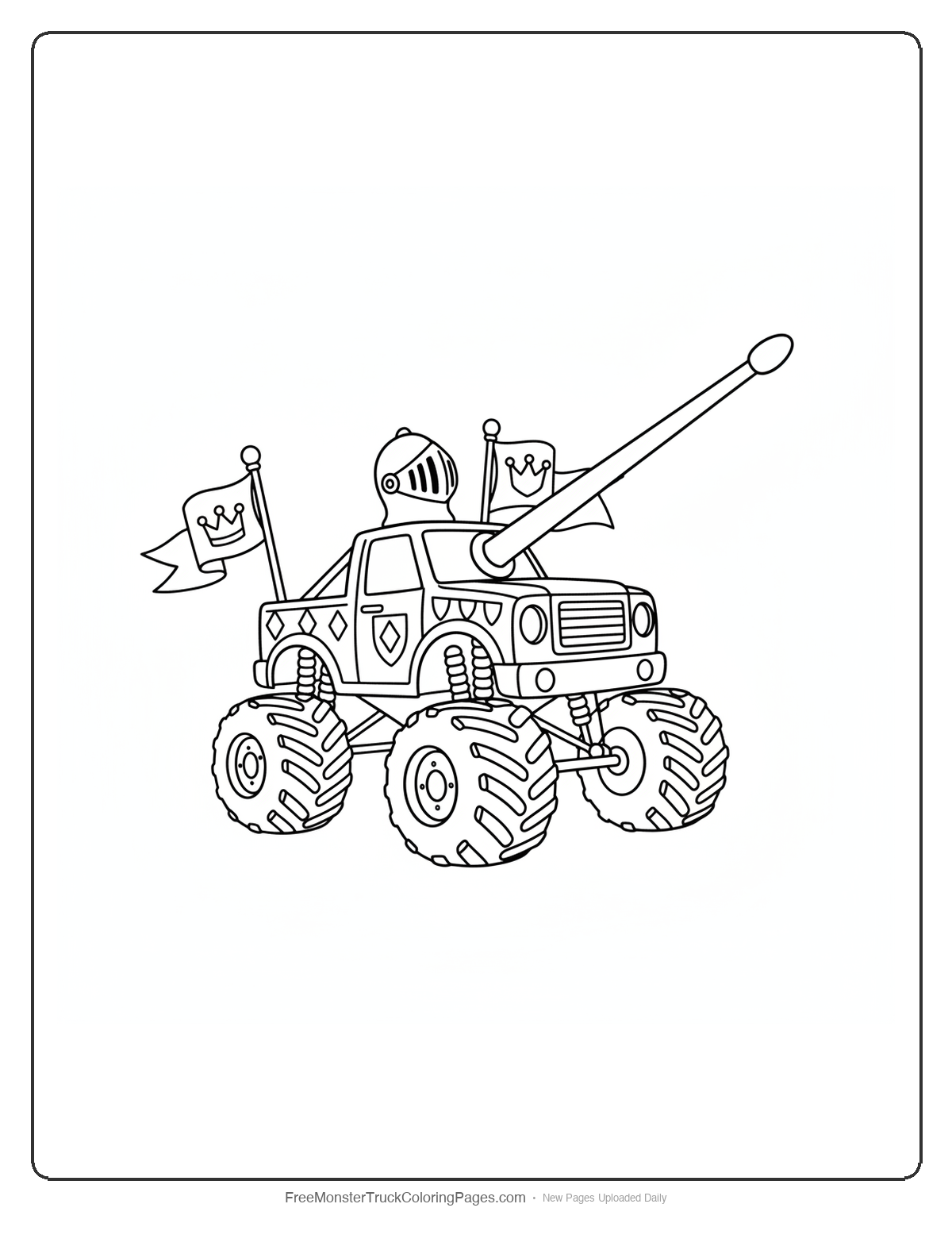 Coloring page of a monster truck with a jousting lance extending from the front and a knight's helmet decoration