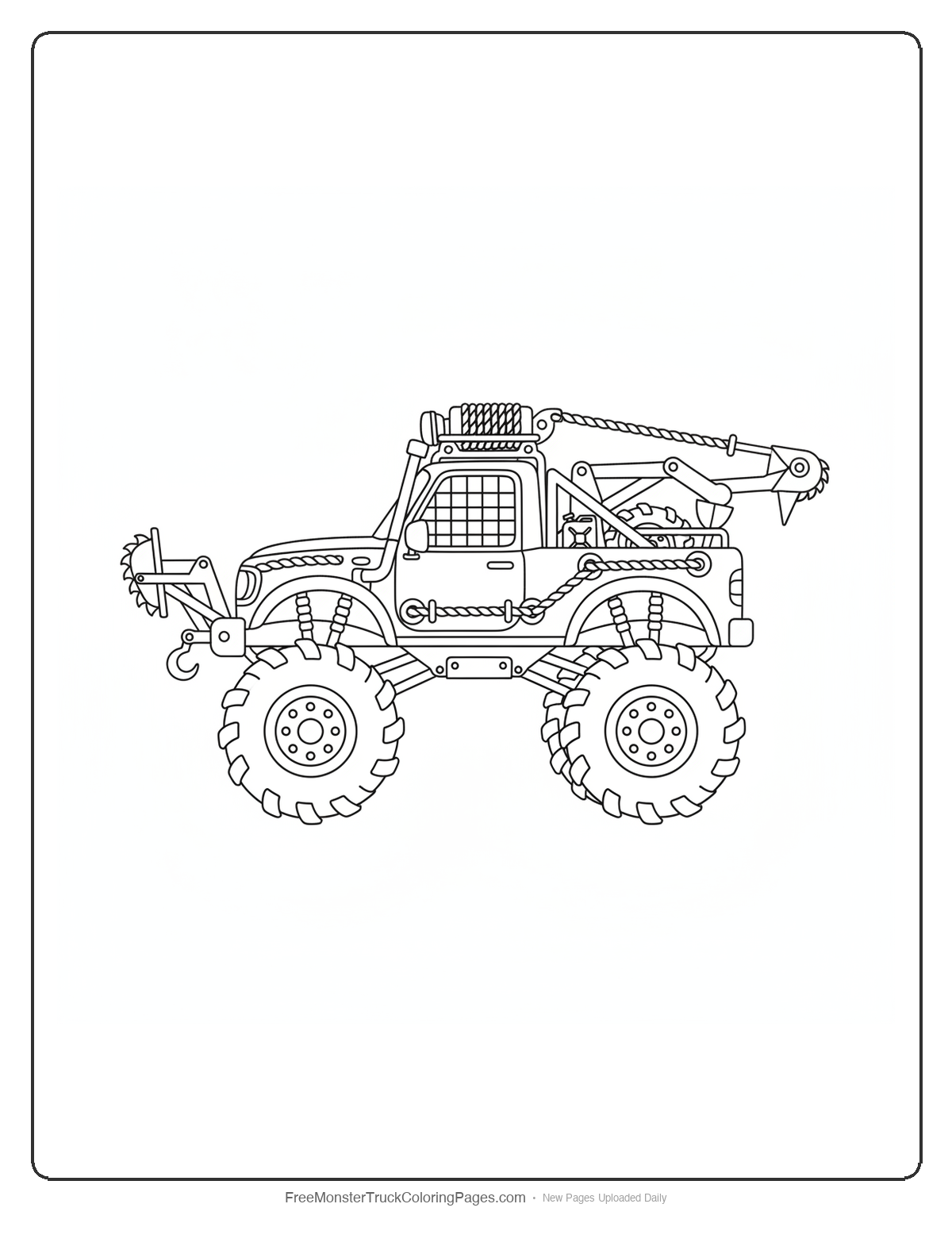 Black and white coloring page of a monster truck with tree climbing equipment and detailed jungle adventure gear