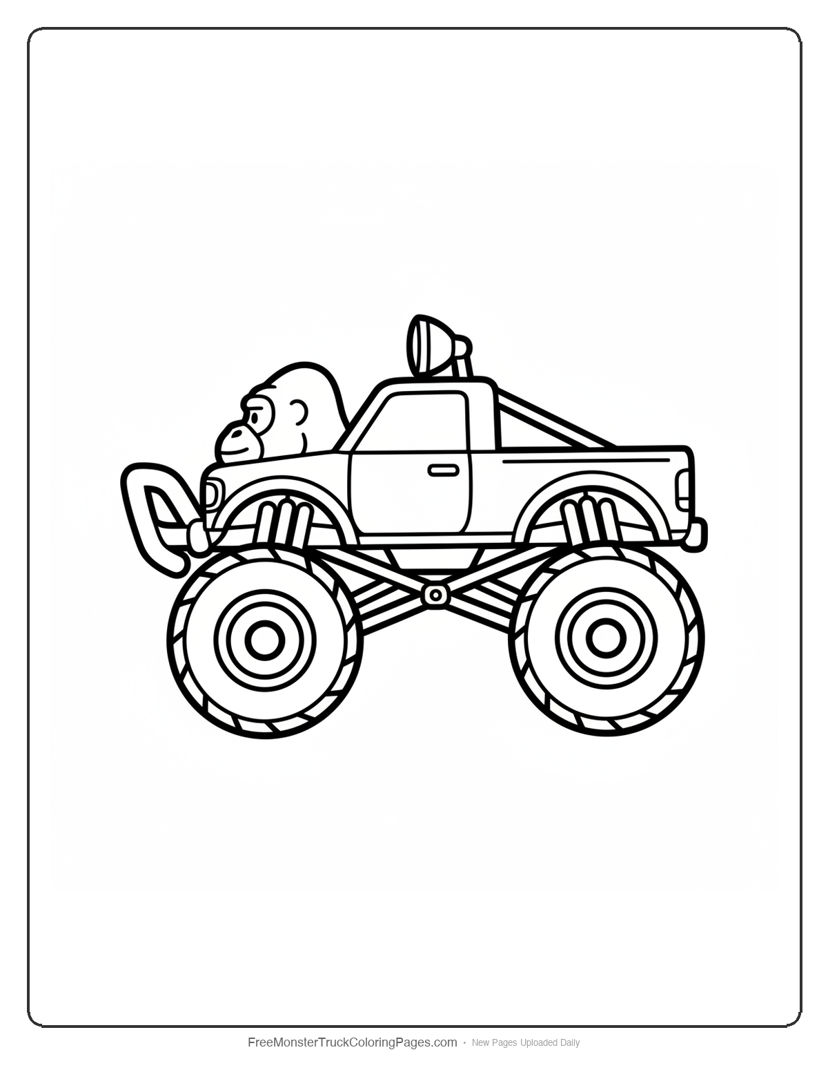 Black and white coloring page of a monster truck with gorilla head hood ornament and arm-shaped bumper bars