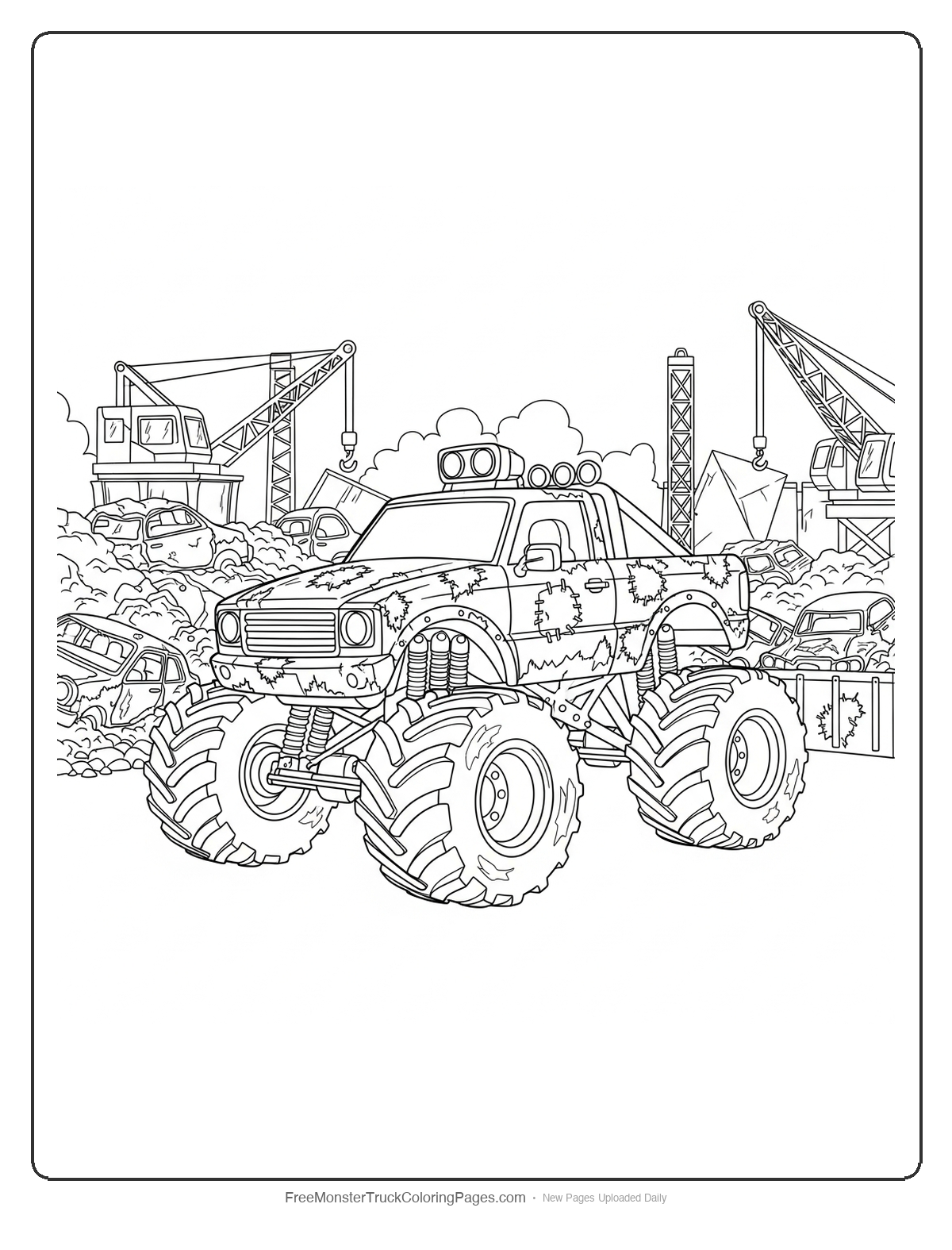 Black and white coloring page of a rugged monster truck in a junkyard setting surrounded by piles of cars and scrap metal