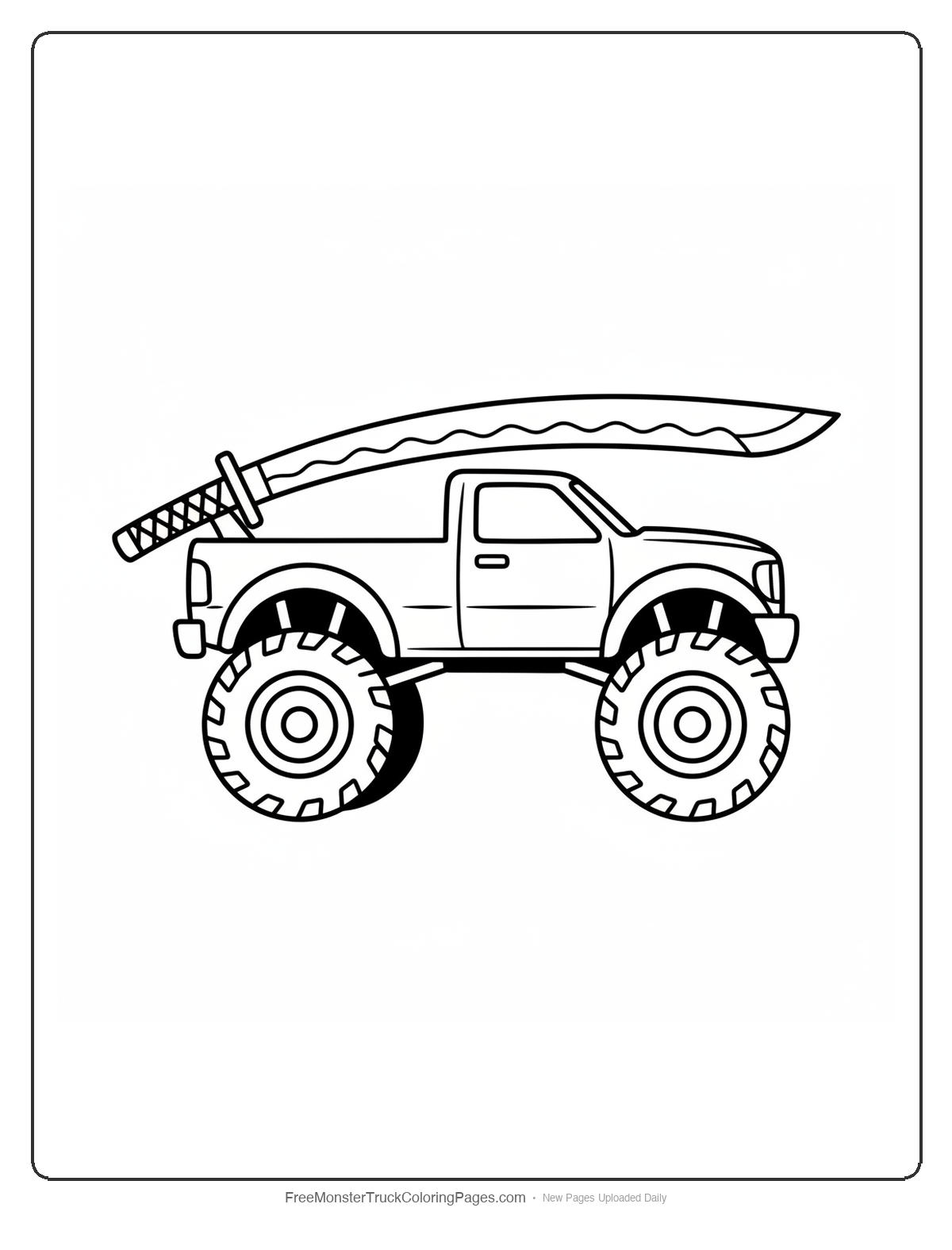 Black and white coloring page of a monster truck with a rear spoiler shaped like a curved katana sword blade