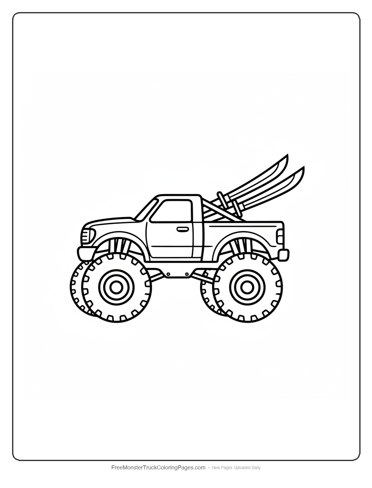Black and white coloring page of a monster truck with two katana sword shaped exhaust pipes behind the cab