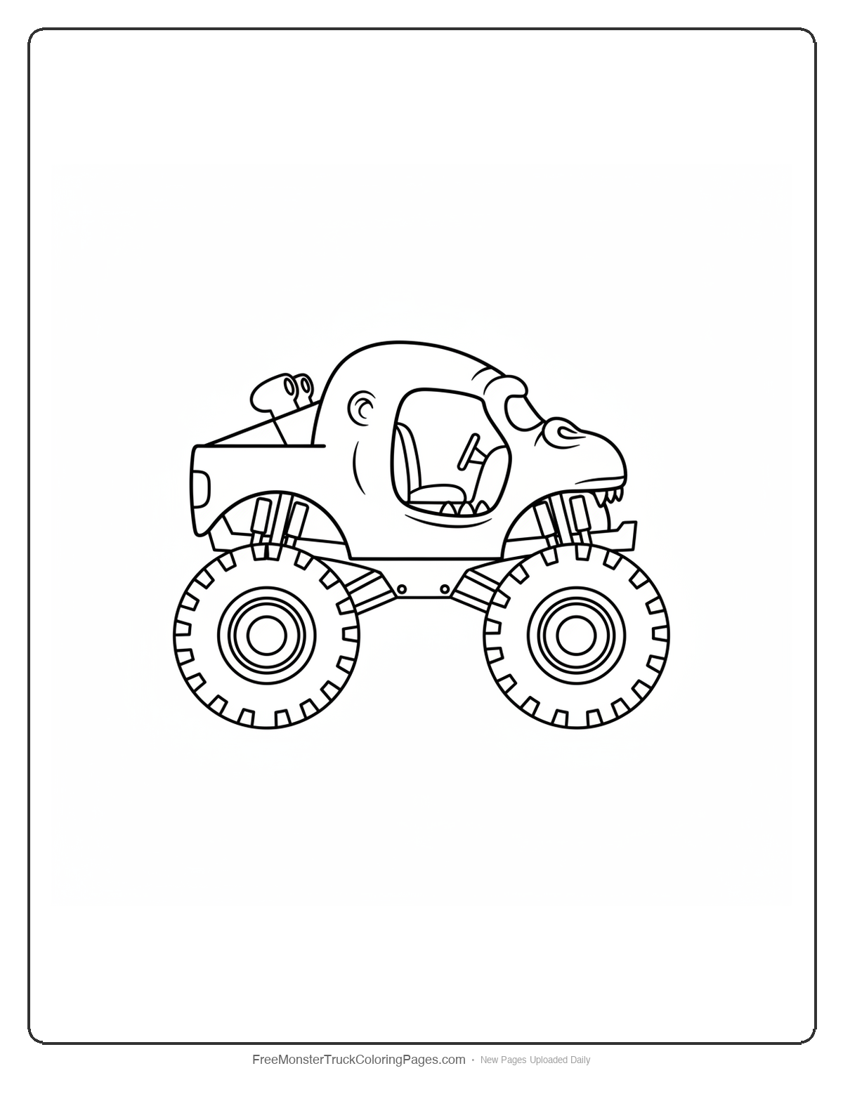 Black and white coloring page of a monster truck with the cab shaped like a gorilla head