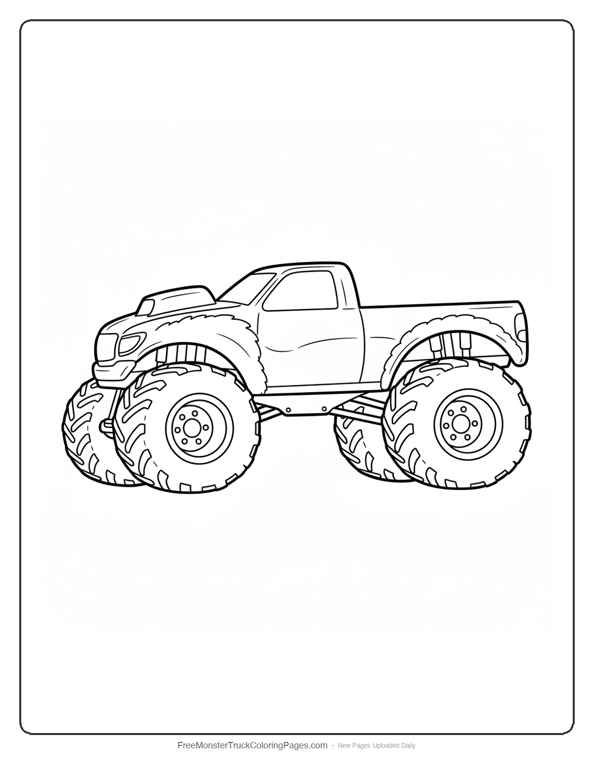 Black and white coloring page of a very wide muscular monster truck with a hunched bear shoulder hump on the hood