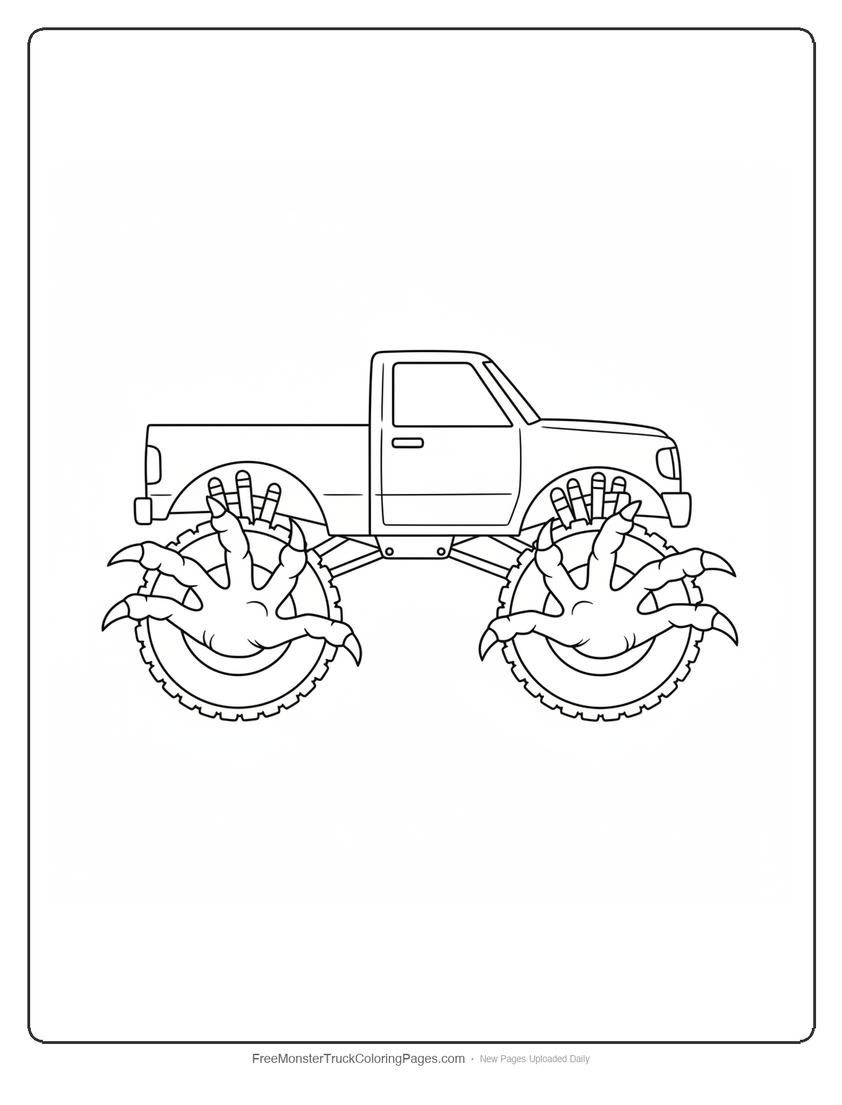 Black and white coloring page of a monster truck with wheel hubs shaped like splayed lizard claws