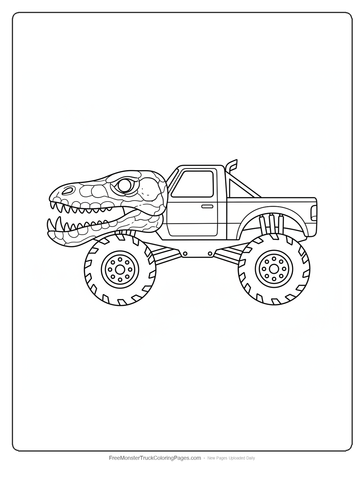 Black and white coloring page of a monster truck with a hood shaped like a komodo dragon's wide flat head and jaw