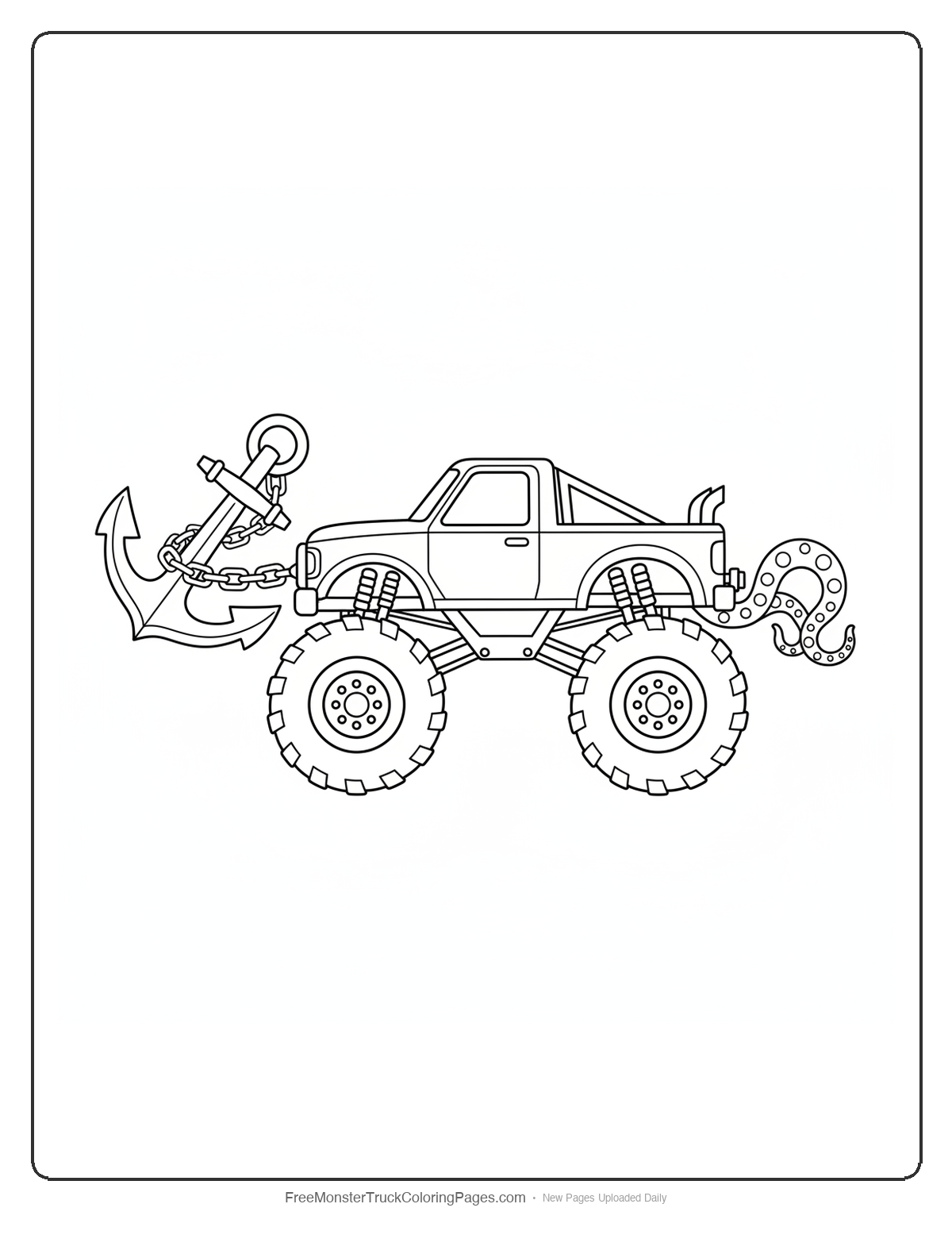 Black and white coloring page of a monster truck with a massive ship anchor on the front and tentacle shaped tow hooks on the rear