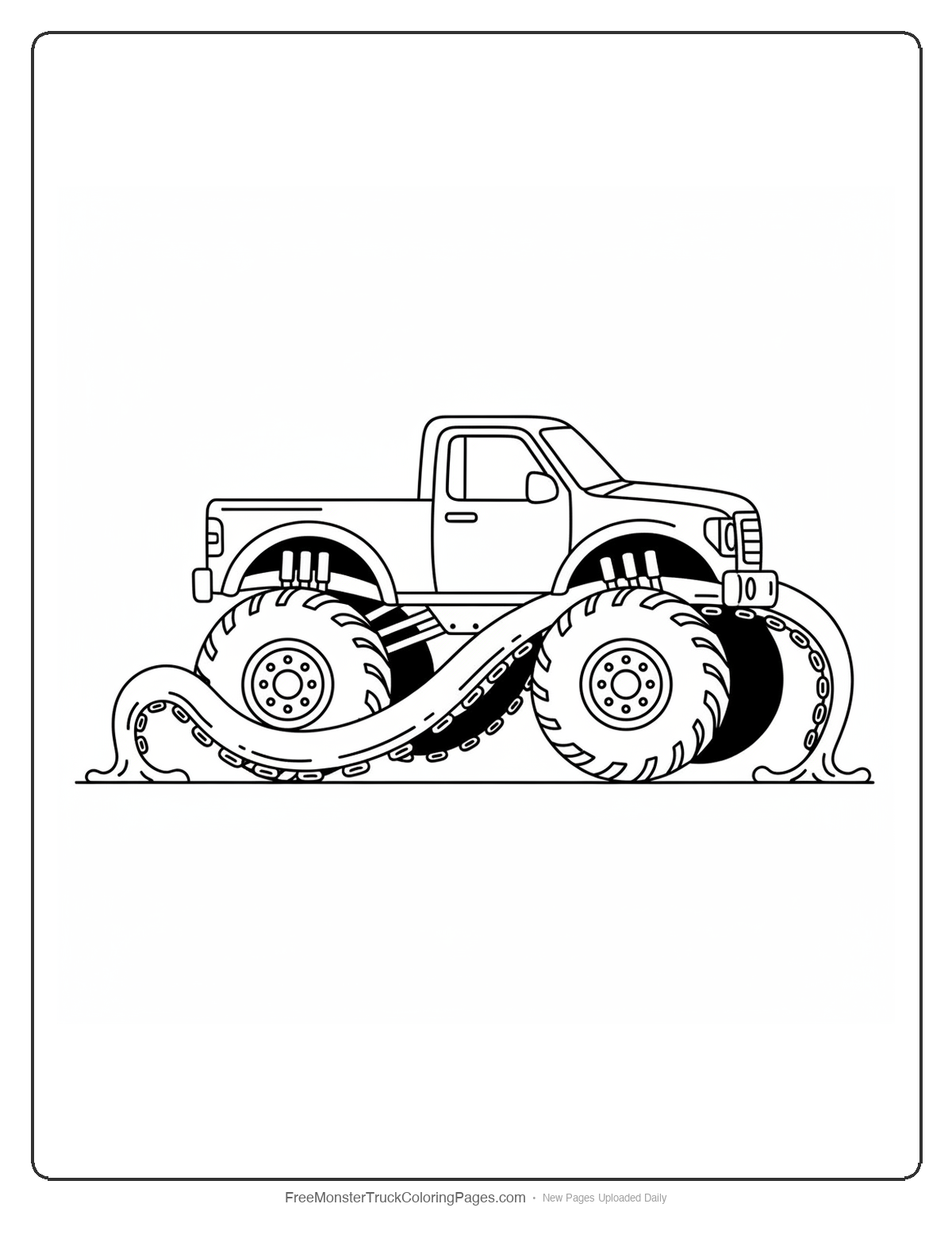 Black and white coloring page of a monster truck with two large tentacles reaching down from the front bumper gripping the ground
