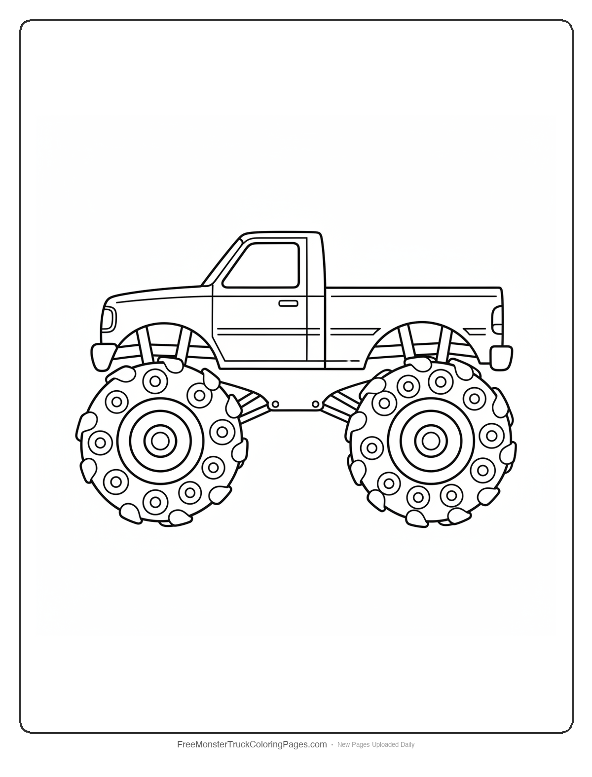 Black and white coloring page of a monster truck with all four tires covered in large suction cup bulge shapes