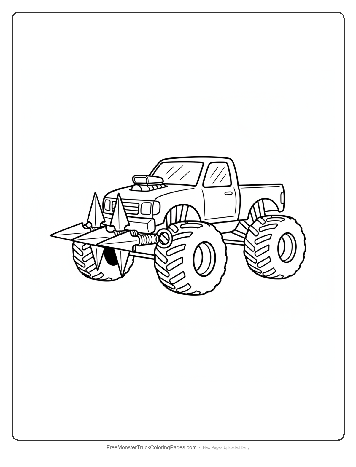 Black and white coloring page of a monster truck with three kunai knife shapes pointing forward from the front bumper