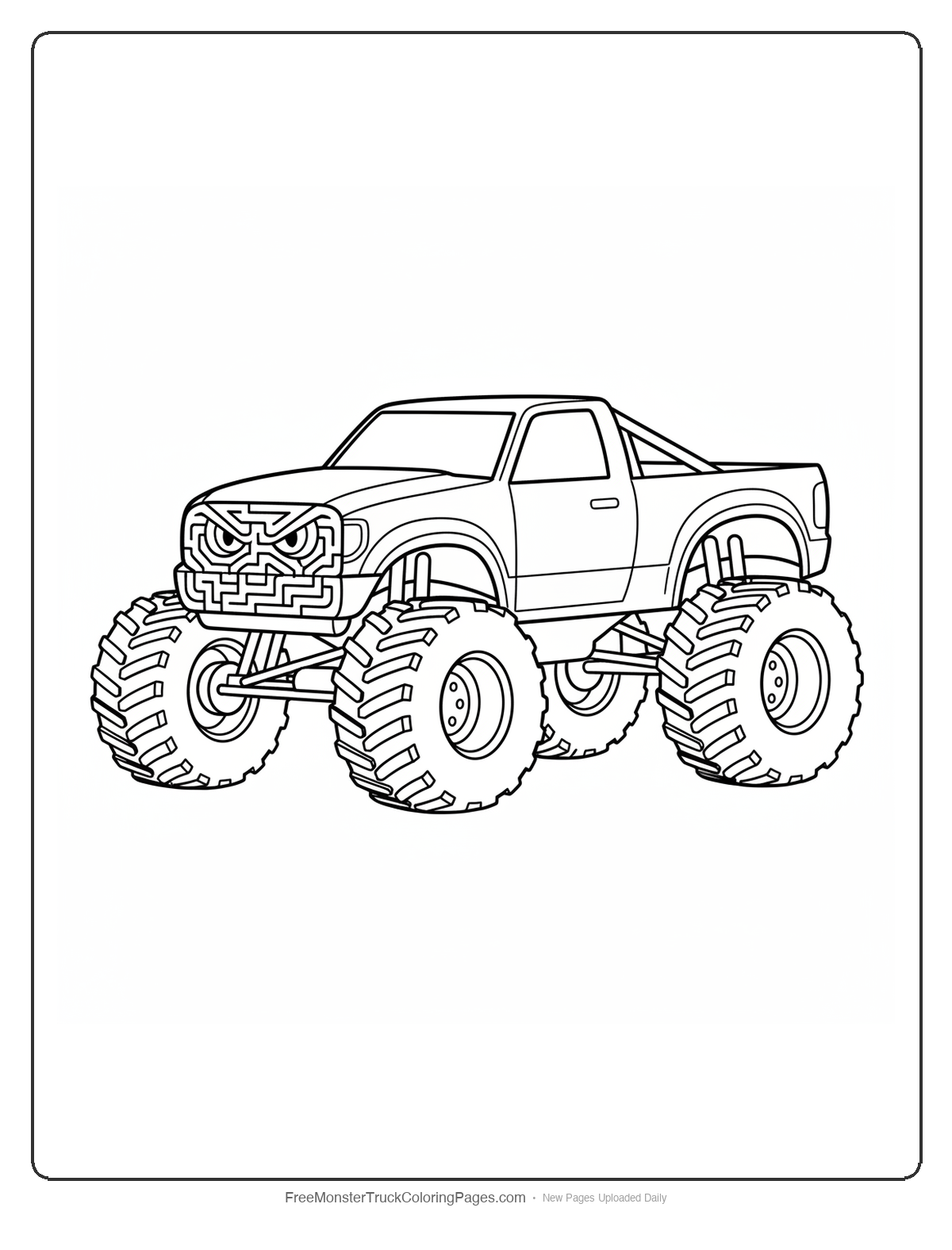 Black and white coloring page of a monster truck with a maze labyrinth pattern grille and minotaur eyes peering through