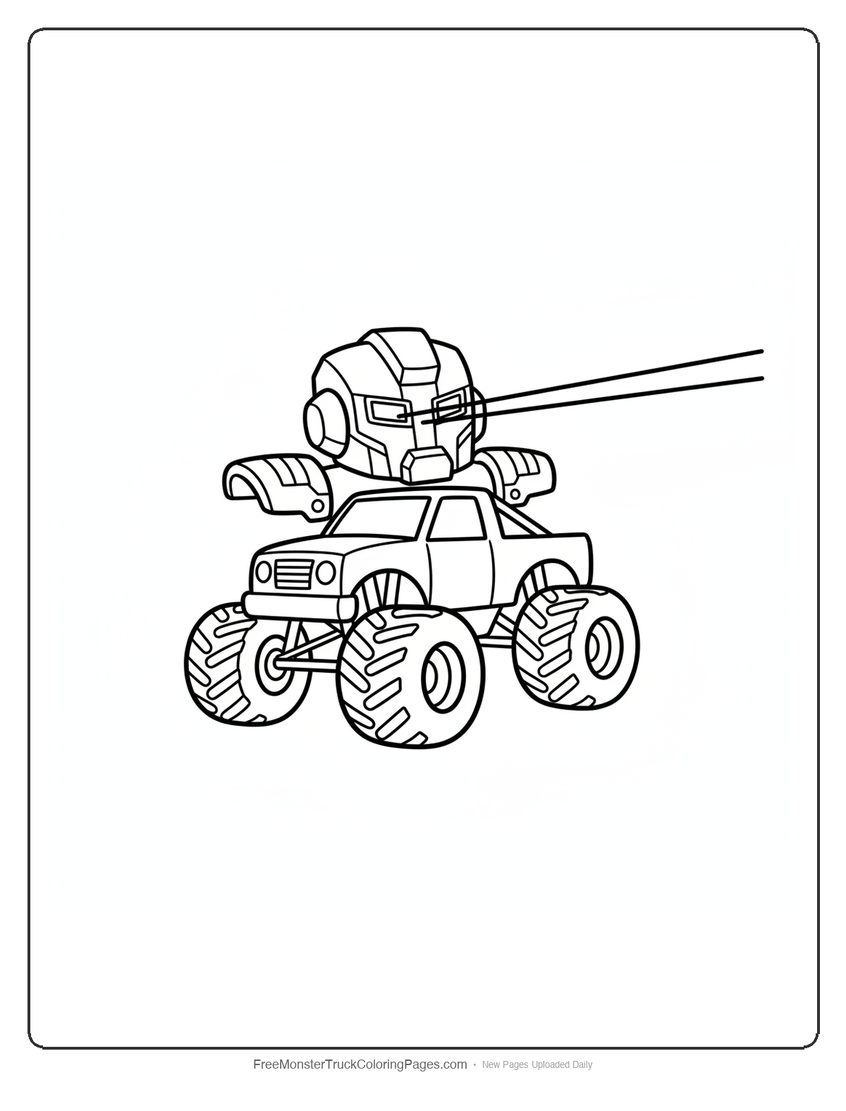 Monster truck coloring page with robot features shooting laser beams from glowing eyes