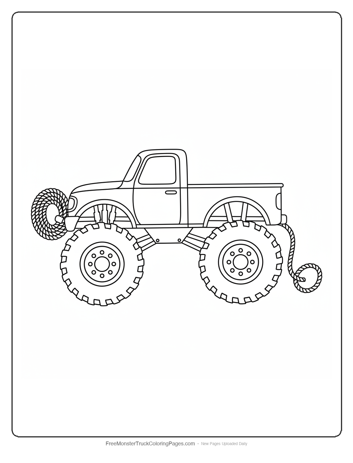 Black and white coloring page of a monster truck with a front bumper shaped like a coiled lasso rope loop