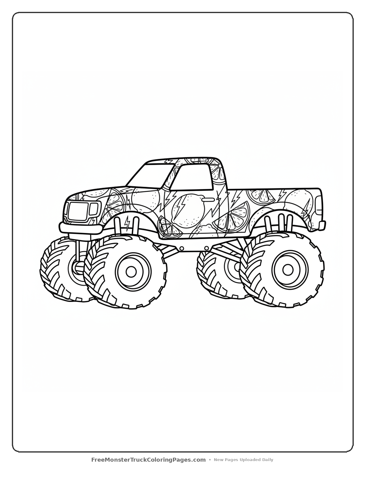 Black and white coloring page of a monster truck with lemon decorations and lightning bolt designs on the sides