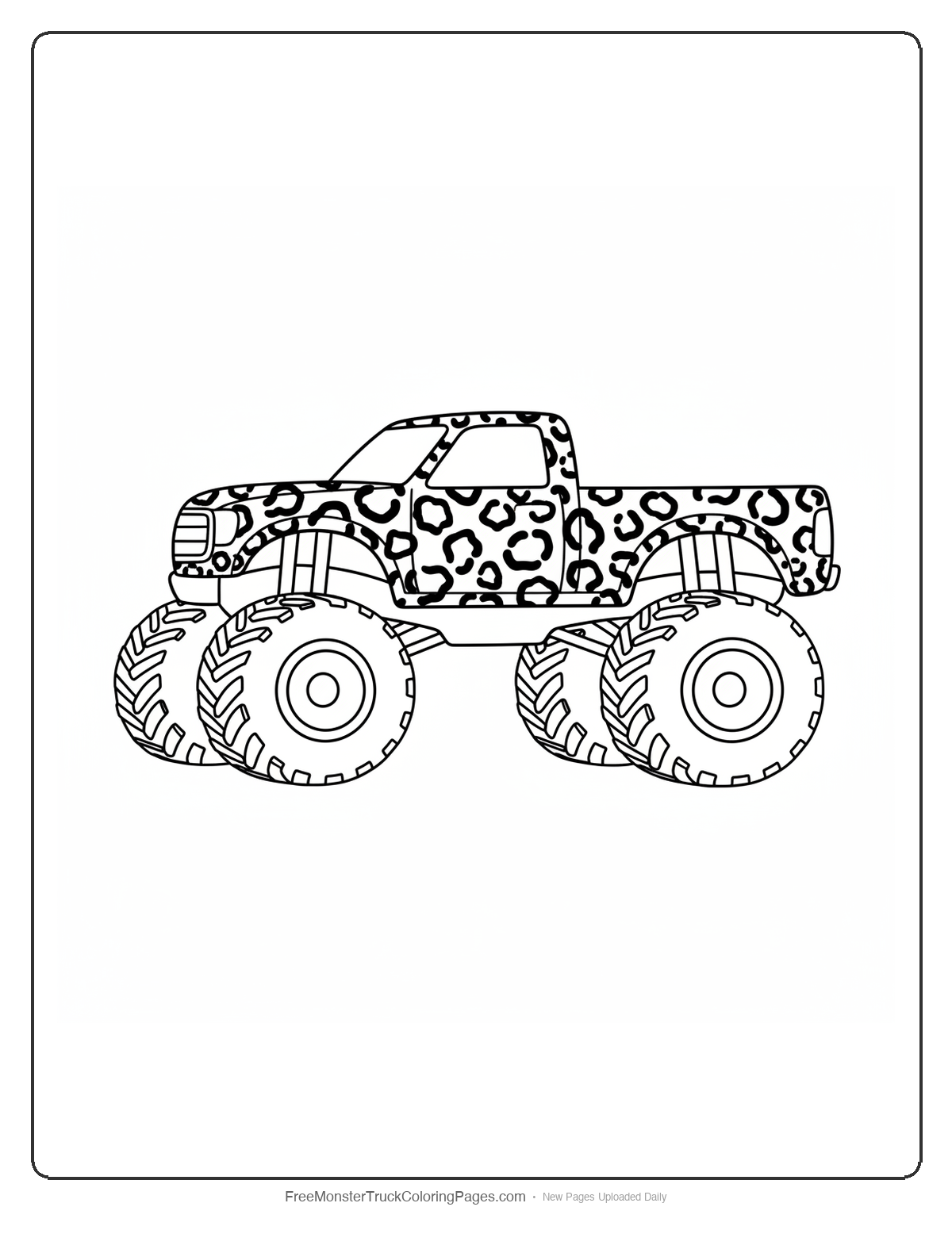 Black and white coloring page of a monster truck decorated with leopard spot patterns