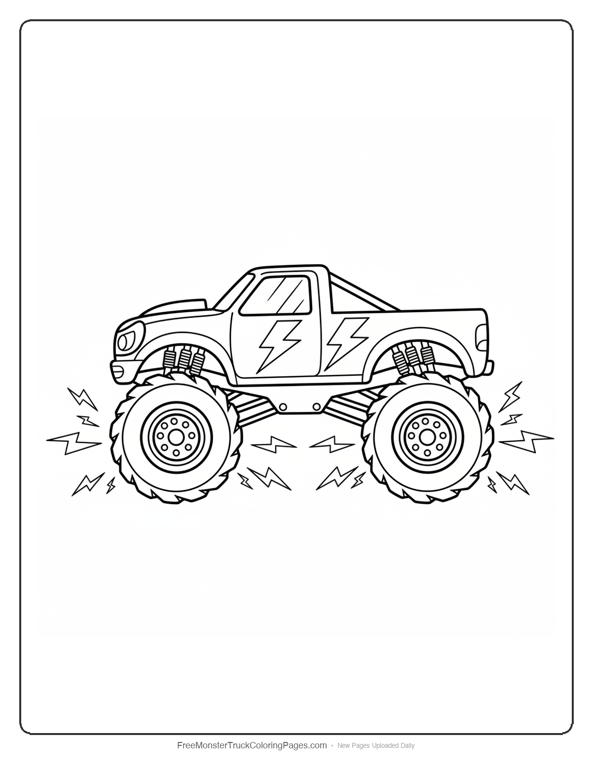 Monster truck coloring page with lightning bolt decorations and electrical power theme