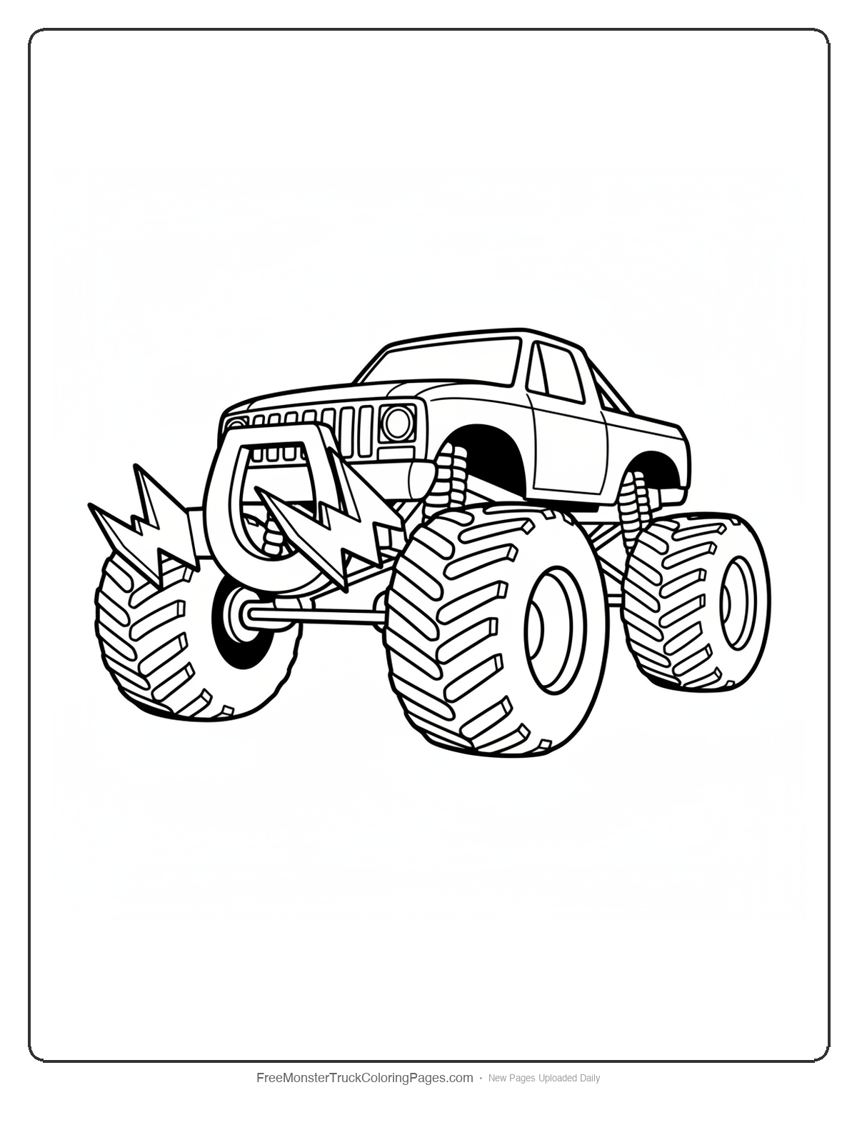 Black and white coloring page of a monster truck with a horseshoe-shaped bumper and lightning bolt battering rams extending from each end