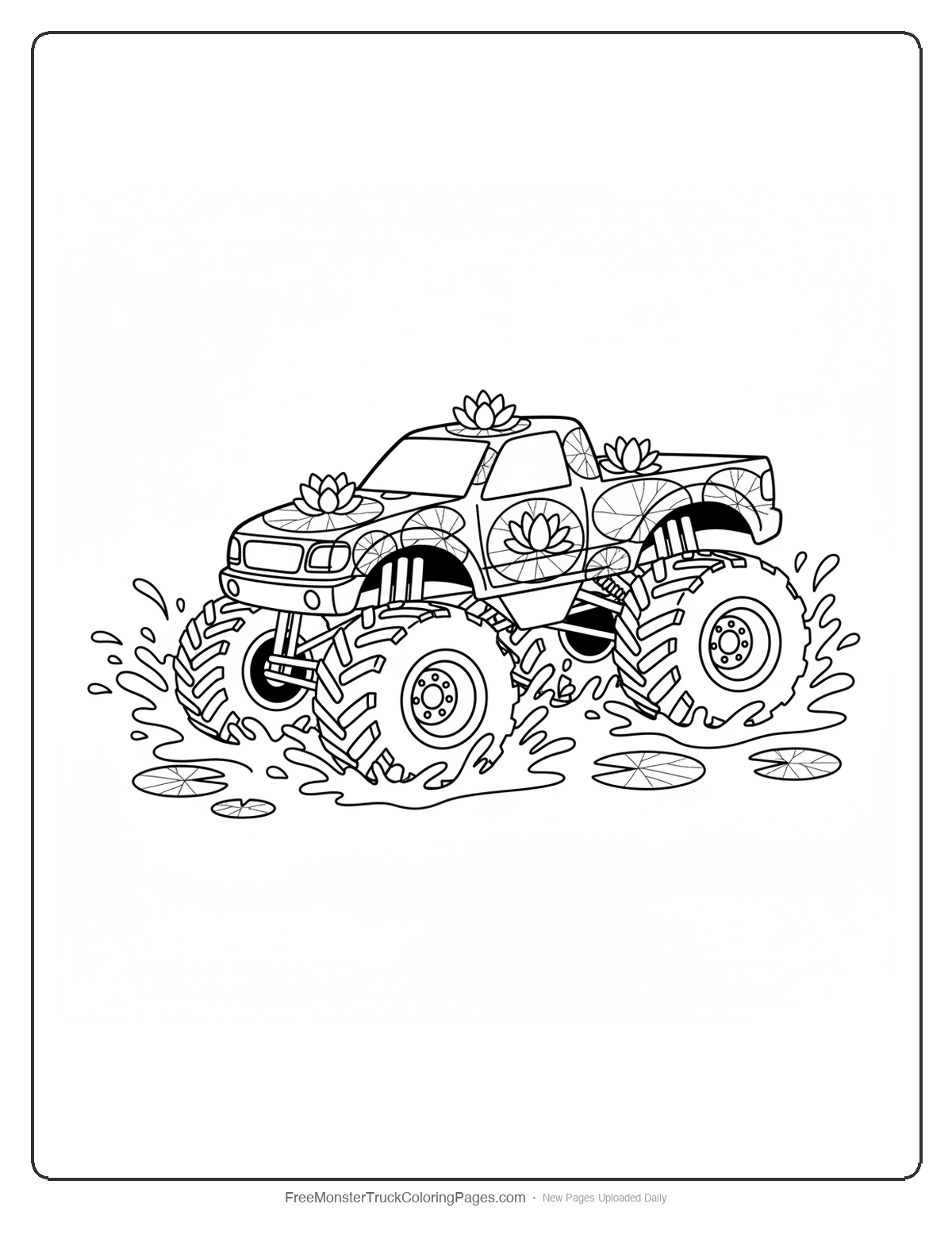 Coloring page of a monster truck decorated with lily pads and water lily flowers