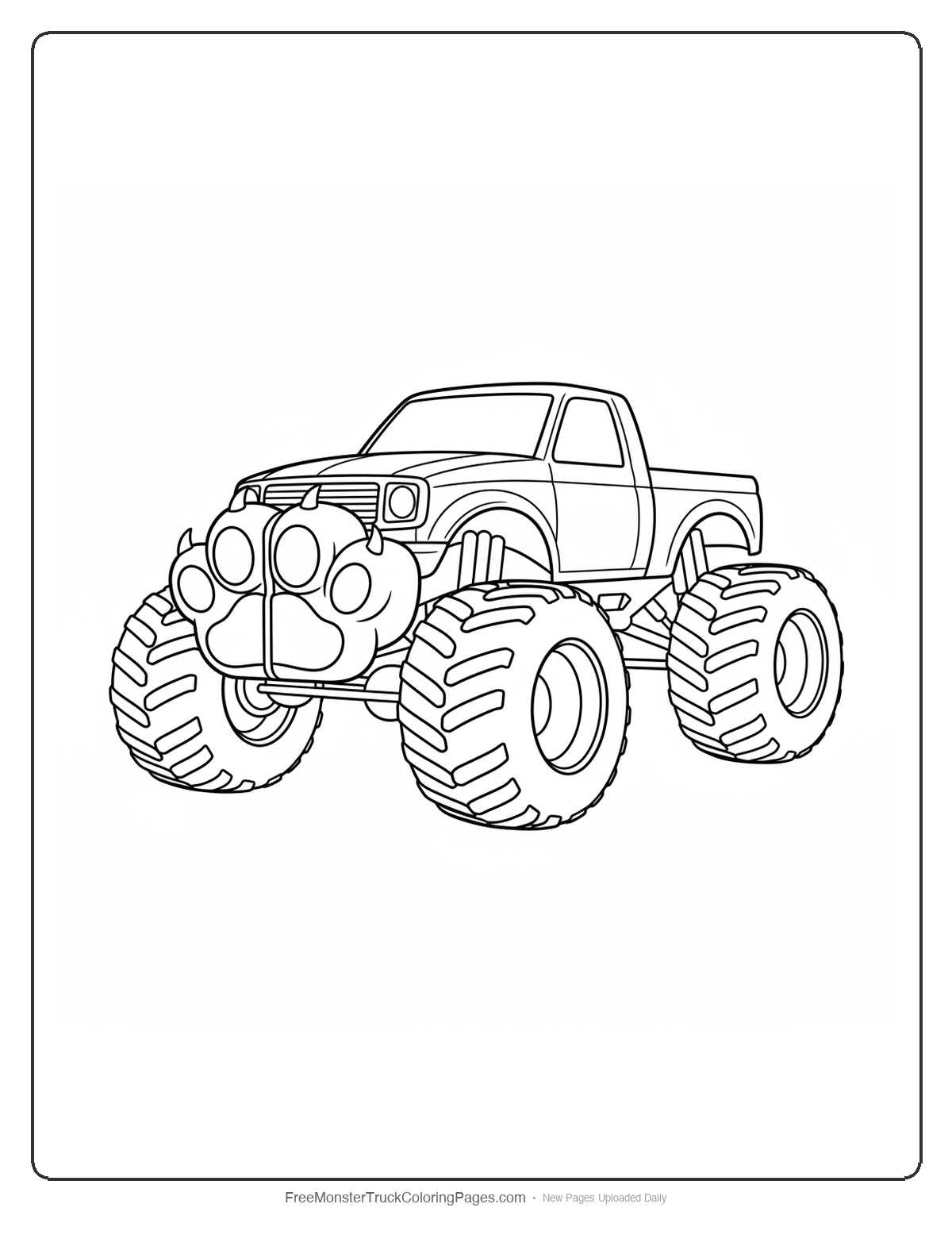 Black and white coloring page of a monster truck with a split bumper showing a lion paw on one side and an eagle talon on the other
