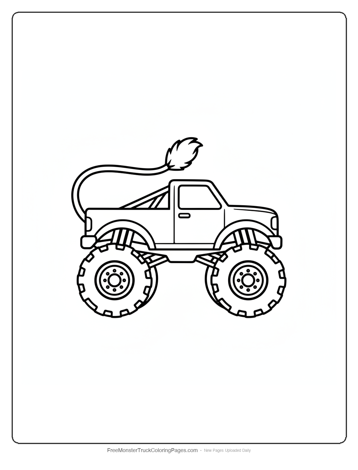 Black and white coloring page of a monster truck with an exhaust pipe shaped like a long curved lion tail with a tuft at the end