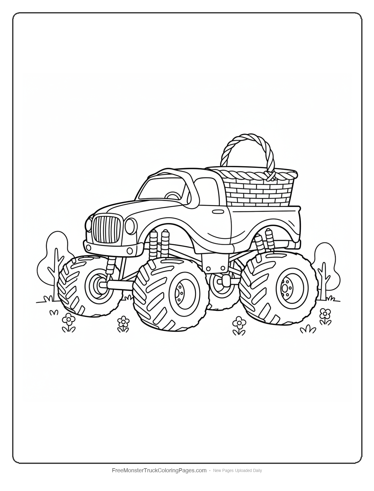 Coloring page of a monster truck with Little Red Riding Hood theme, featuring a wicker basket, hood design, and forest elements