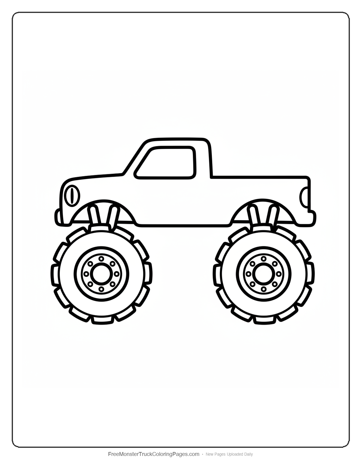 Black and white coloring page of a monster truck with oval headlights featuring vertical slit pupils like reptile eyes