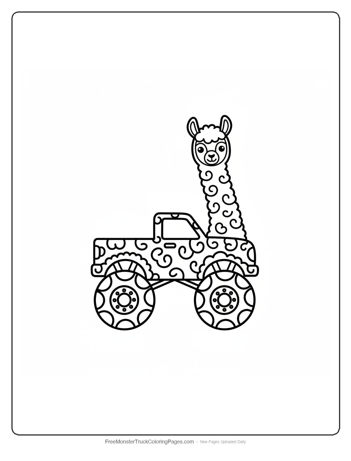 Black and white coloring page of a monster truck with llama features, long neck, and wool patterns