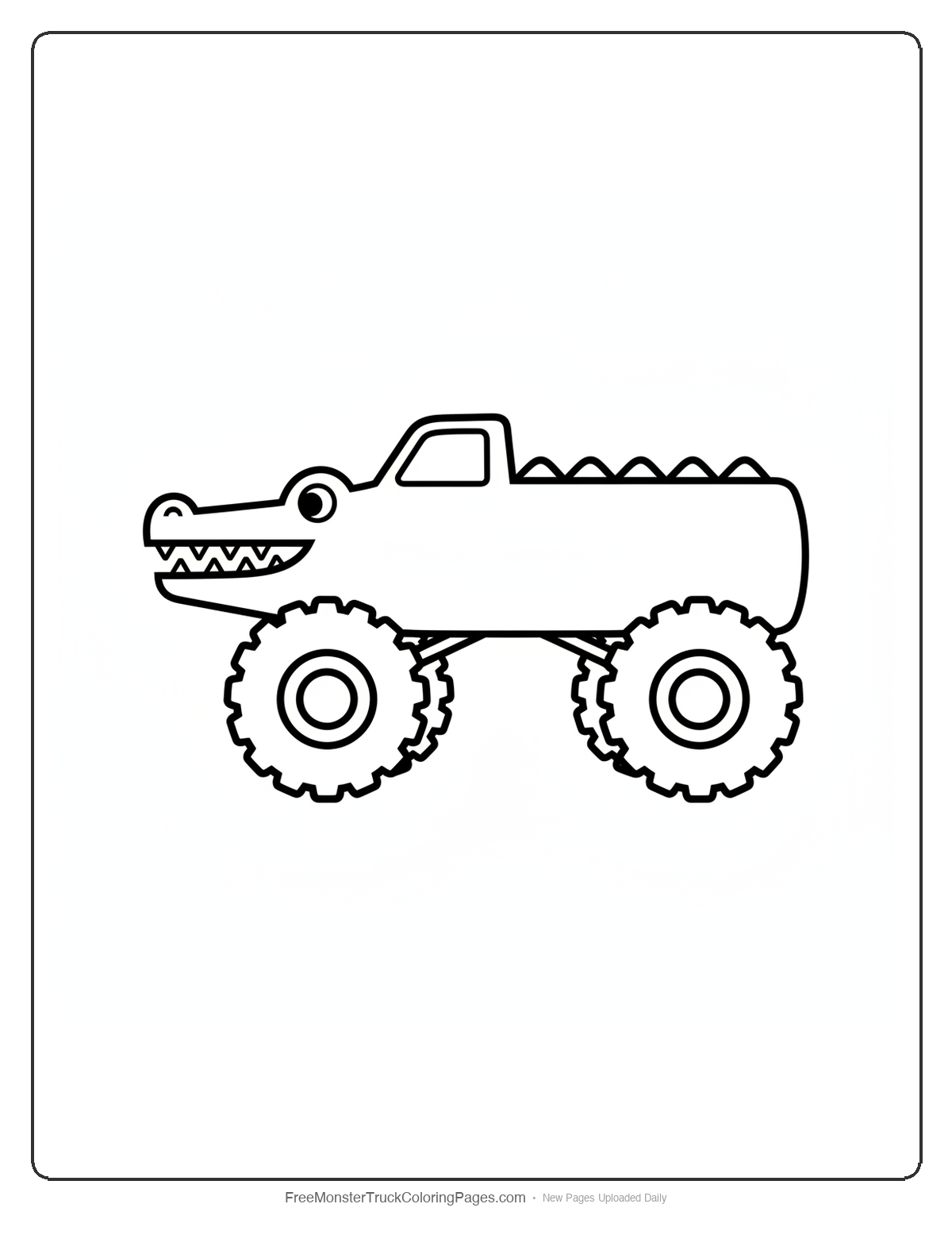 Black and white coloring page of a simple monster truck shaped like a log with a crocodile head on the front end and a mouth slightly open