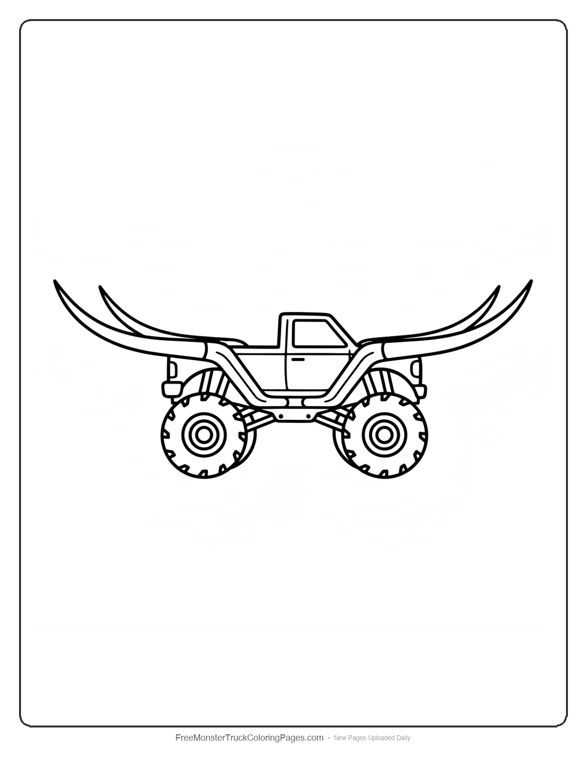 Black and white coloring page of a monster truck with two extremely long curved exhaust pipes shaped like Texas longhorn horns extending wide from the cab