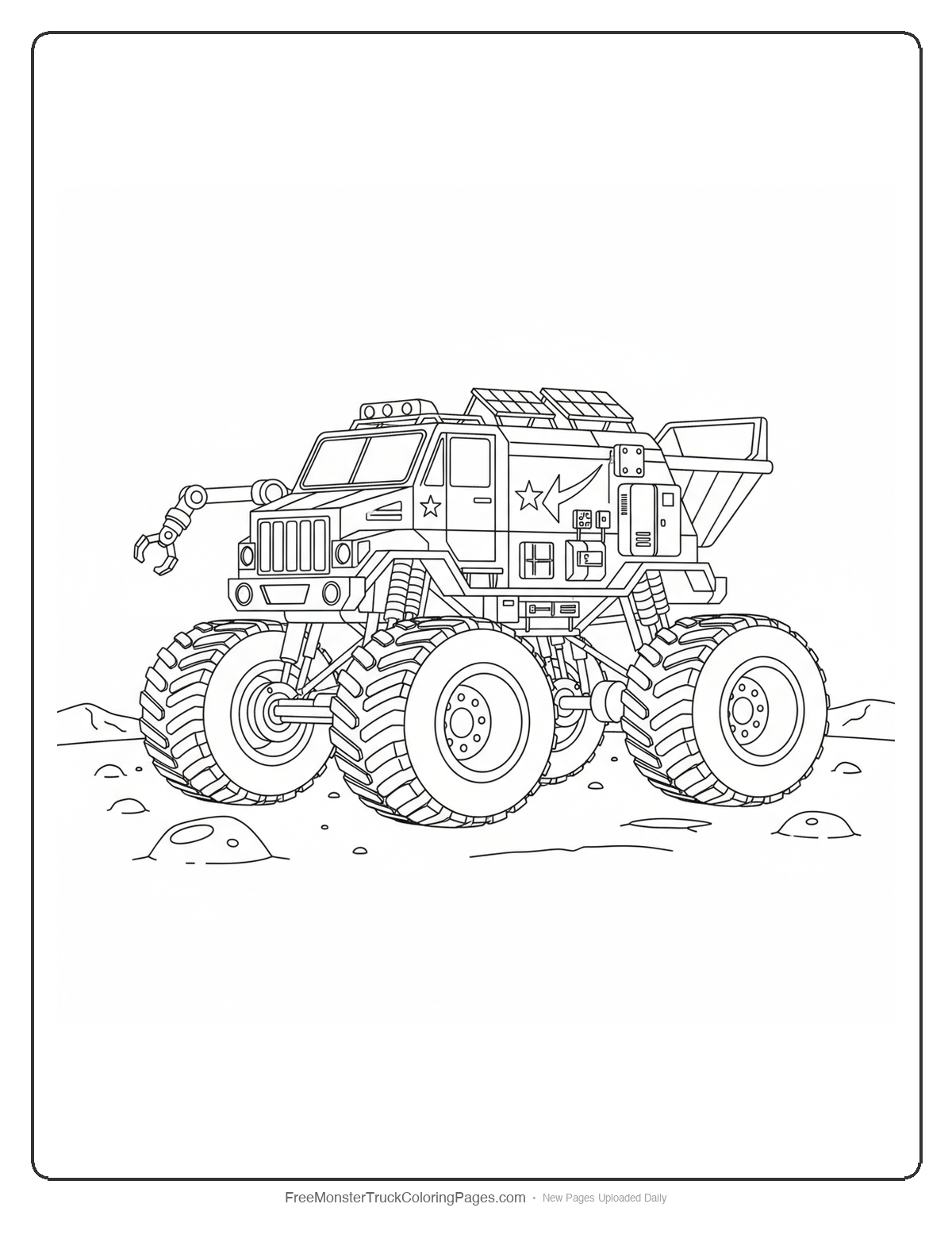 Black and white coloring page of a monster truck designed for lunar exploration with specialized moon rover features