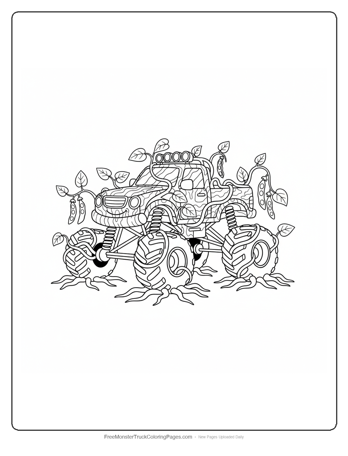 Black and white coloring page of a monster truck covered in detailed beanstalk vines and leaves with large wheels