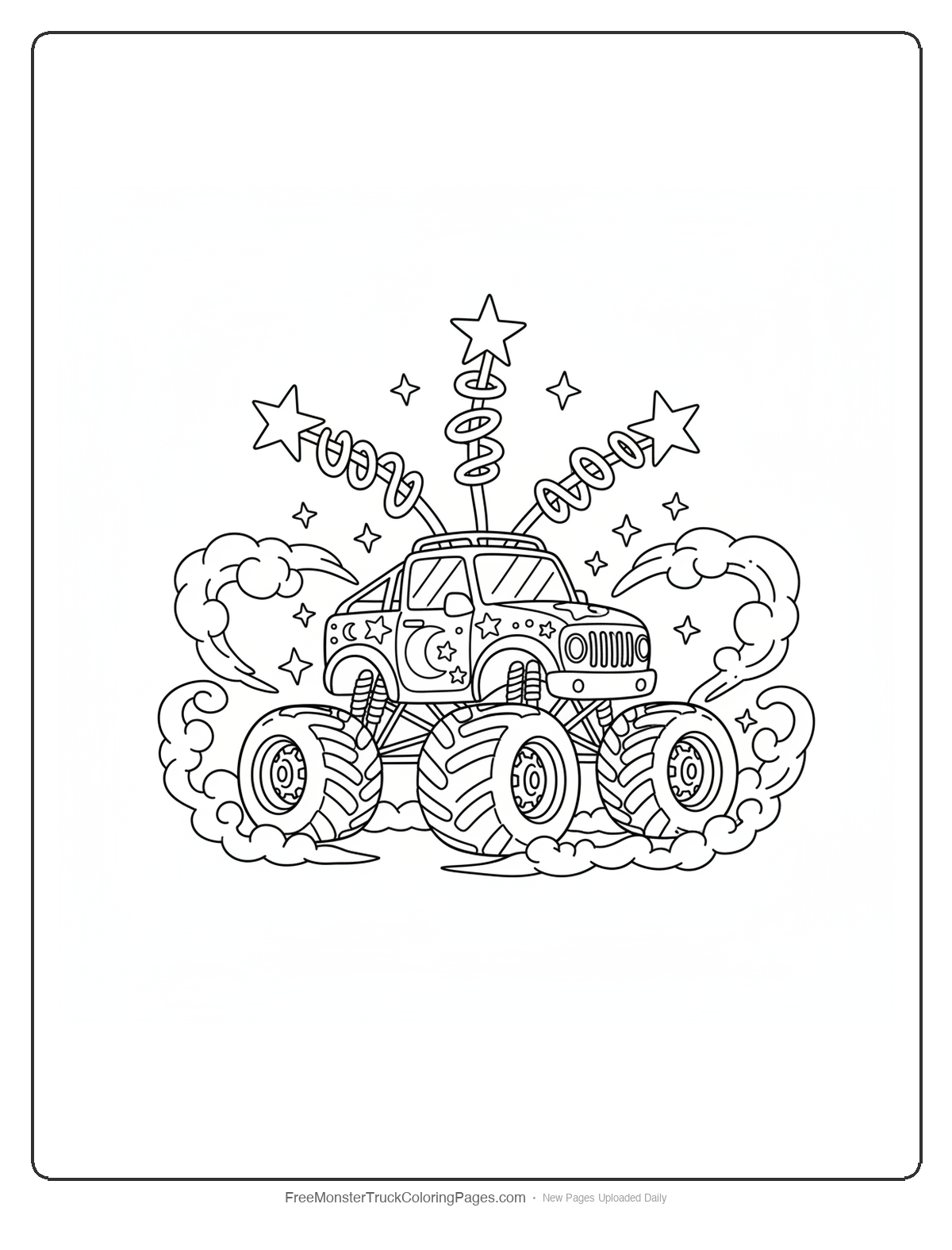 Detailed monster truck coloring page with multiple magic wands spinning on top, sparkles, and magical trail effects