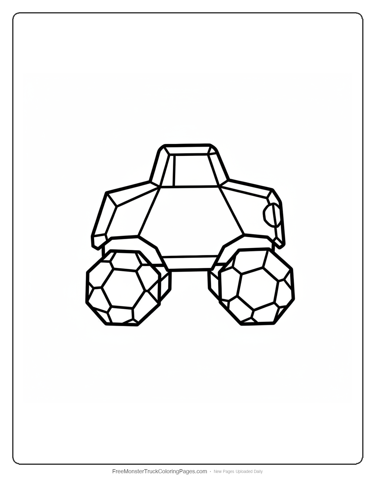 Black and white coloring page of a simple baby monster truck made from large, chunky crystal shapes