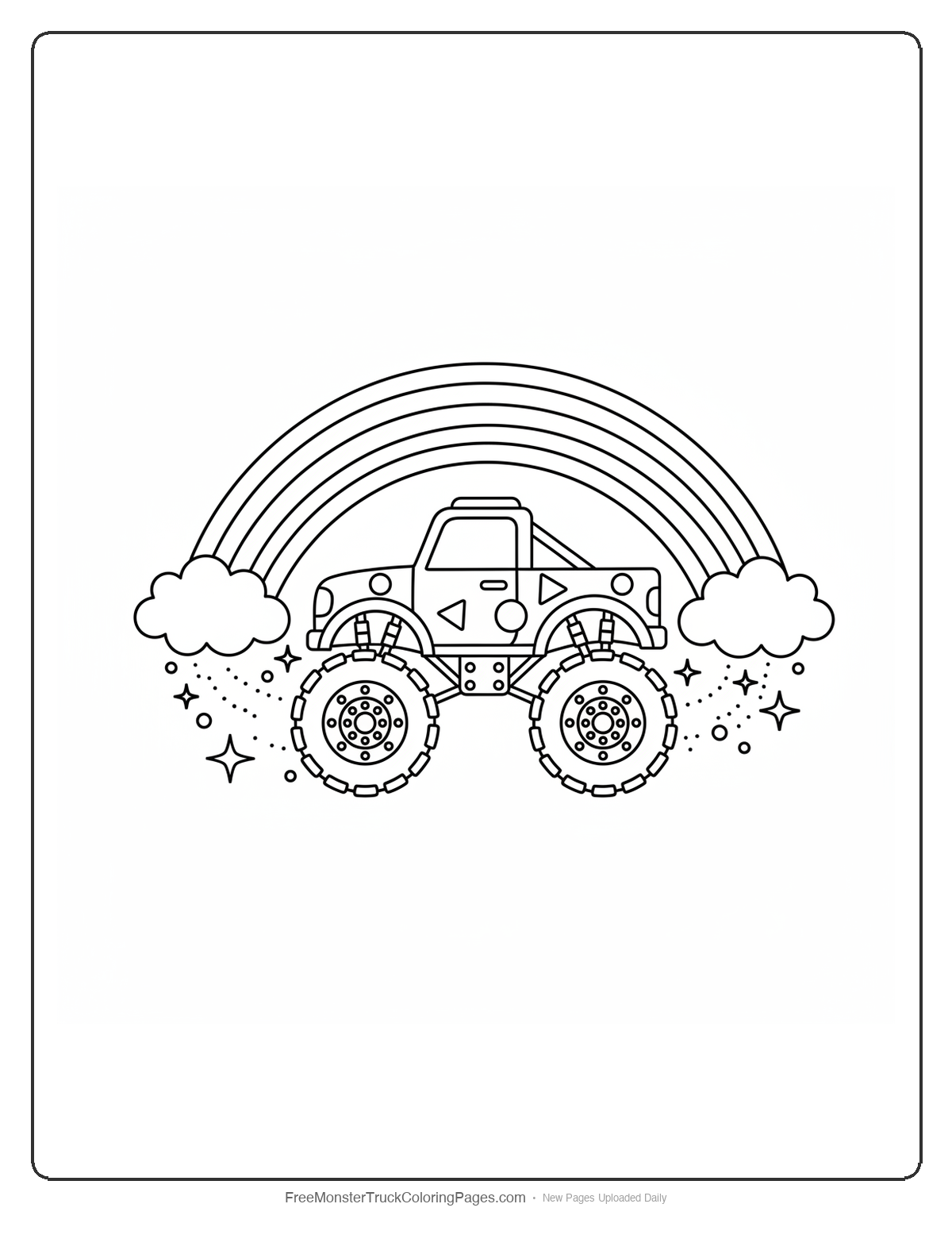 Monster truck coloring page with a large rainbow arch overhead, clouds, gem decorations, and magical sparkle effects