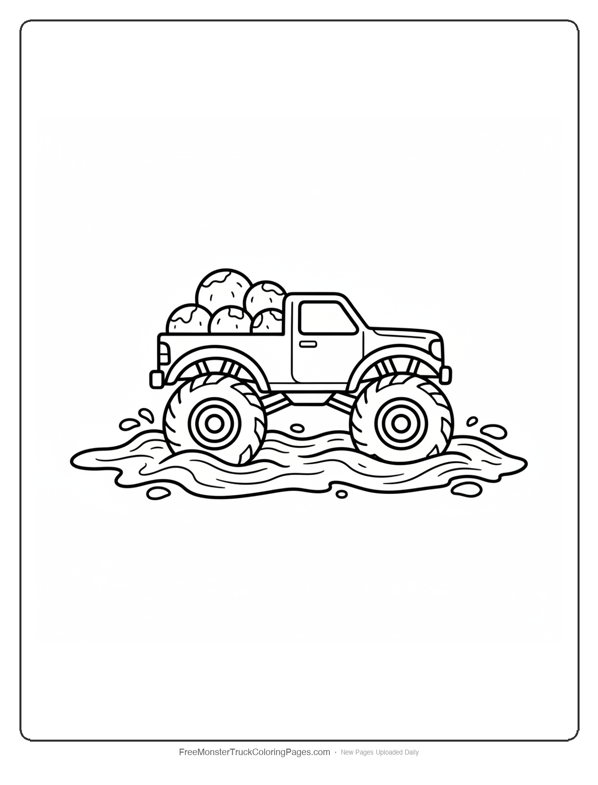 Monster truck coloring page driving through flowing lava streams with volcanic rocks in truck bed