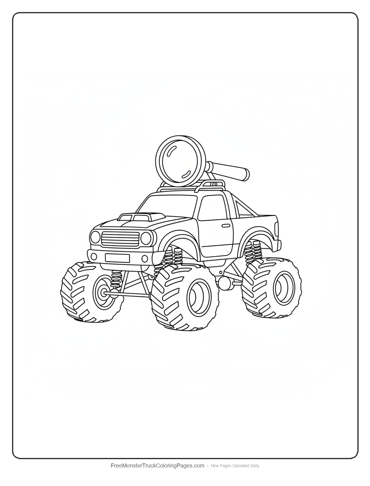Monster truck coloring page with a large magnifying glass mounted on top, moderate detail level