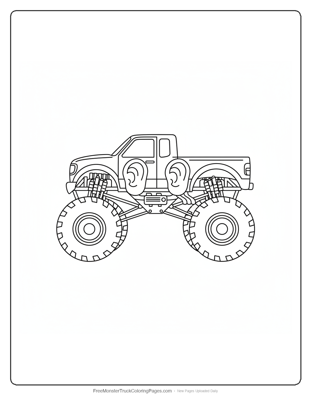 Black and white coloring page of a monster truck with doors shaped like large floppy mammoth ears