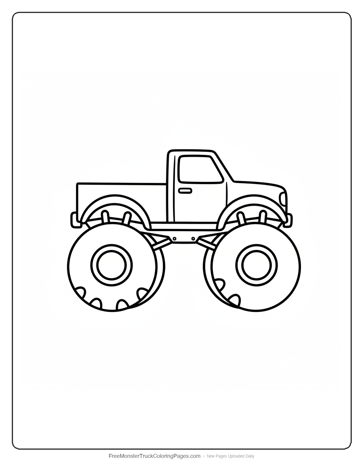 Black and white coloring page of a monster truck with wide round tires shaped like mammoth feet with toenail shapes