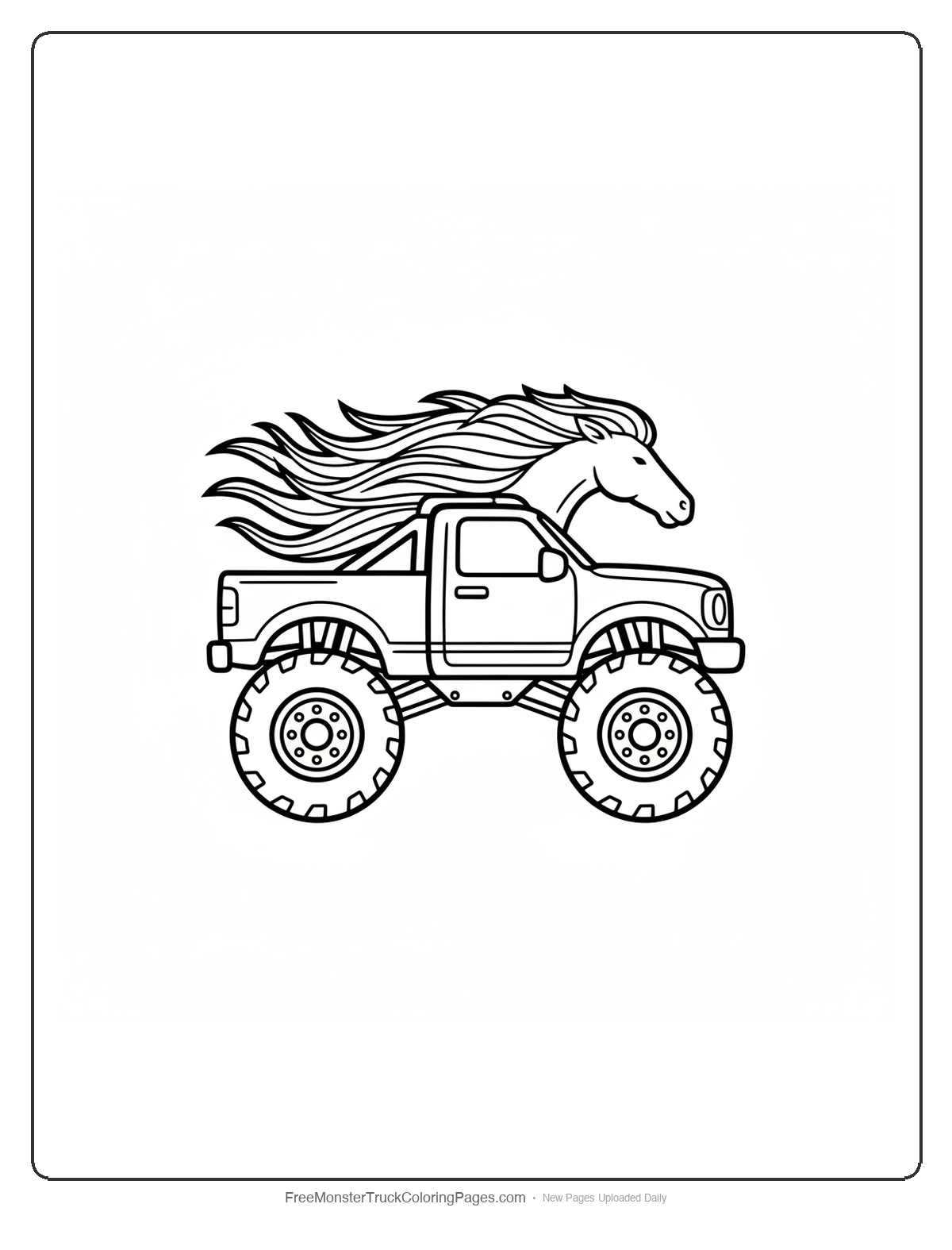 Black and white coloring page of a monster truck with a rear spoiler shaped like a flowing mane with individual hair strands fanning out
