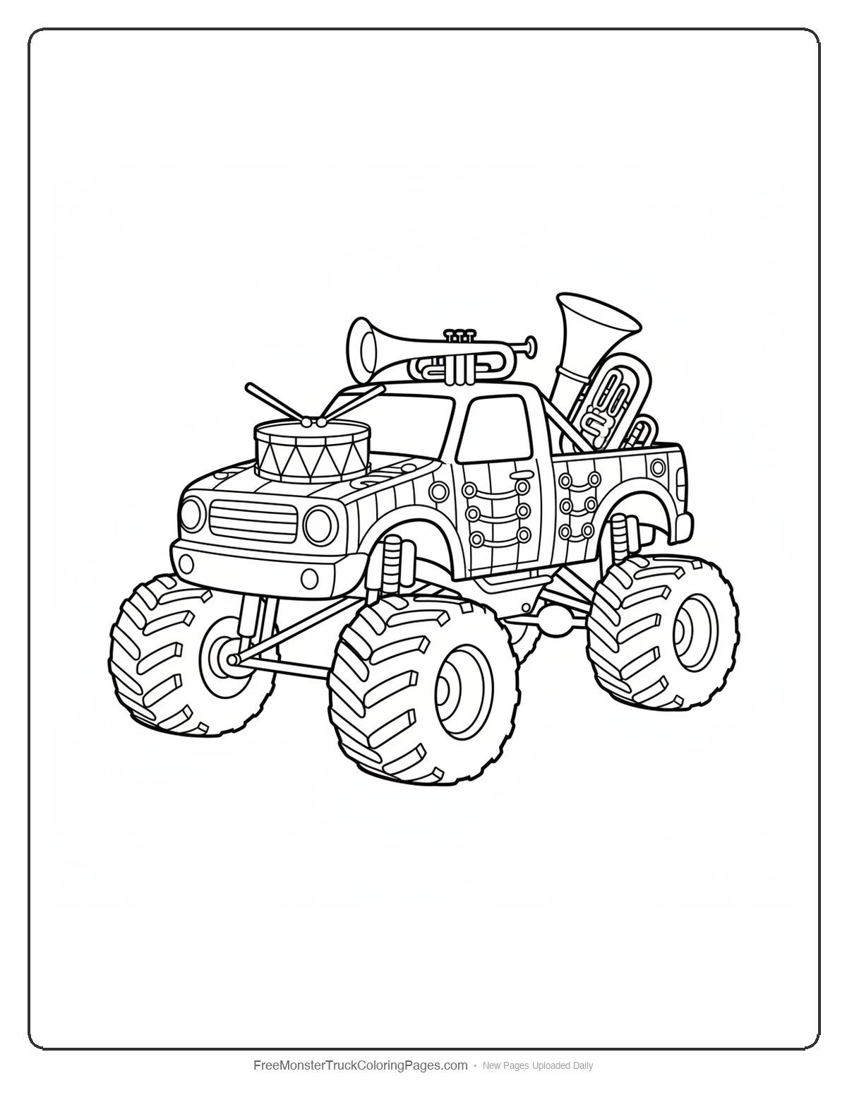 Black and white coloring page of a monster truck decorated with marching band instruments and uniform designs