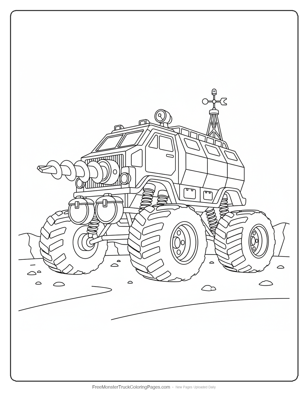 Black and white coloring page of a monster truck designed for Mars exploration with drilling equipment and scientific instruments