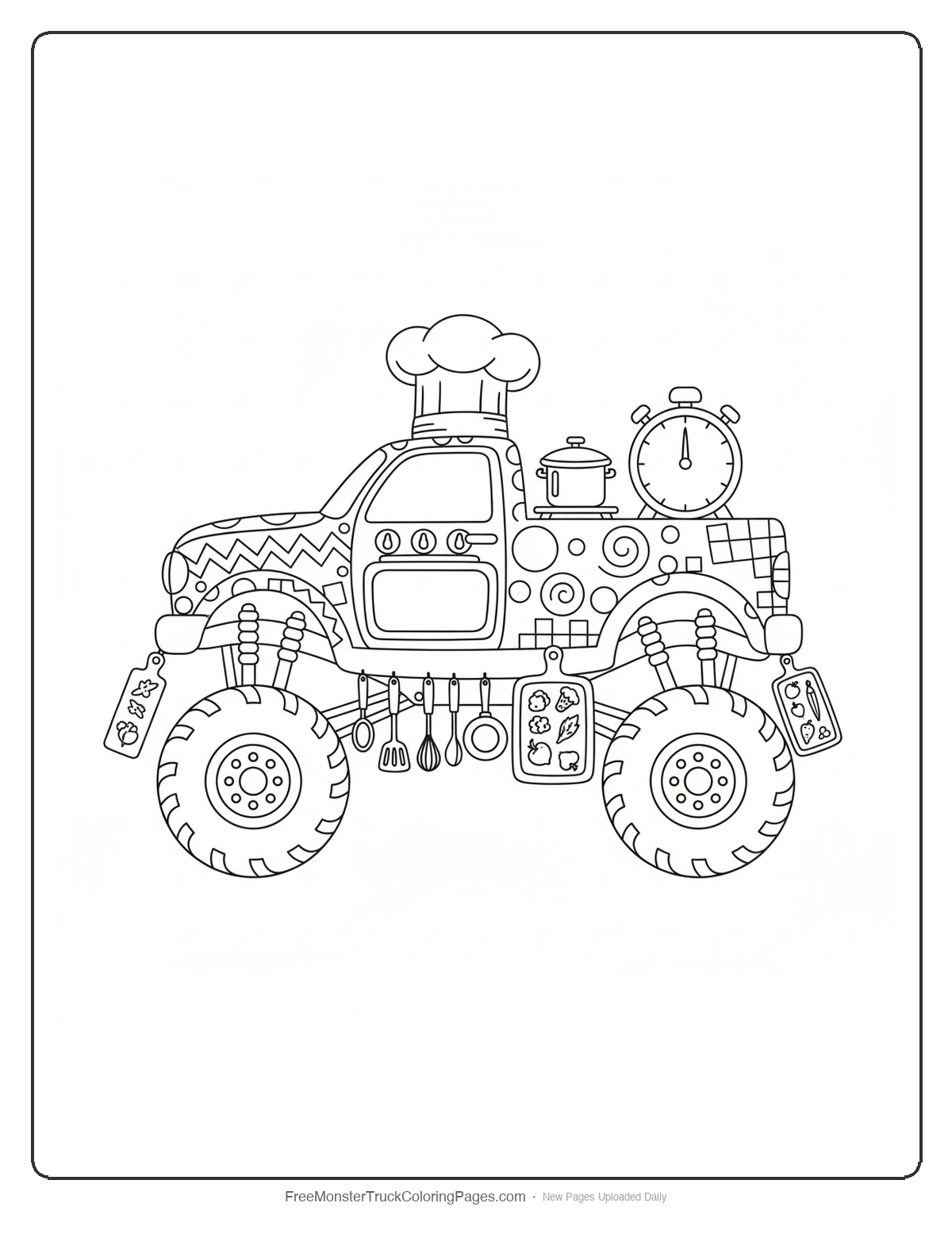 Black and white coloring page of an elaborate monster truck with full kitchen equipment and chef details