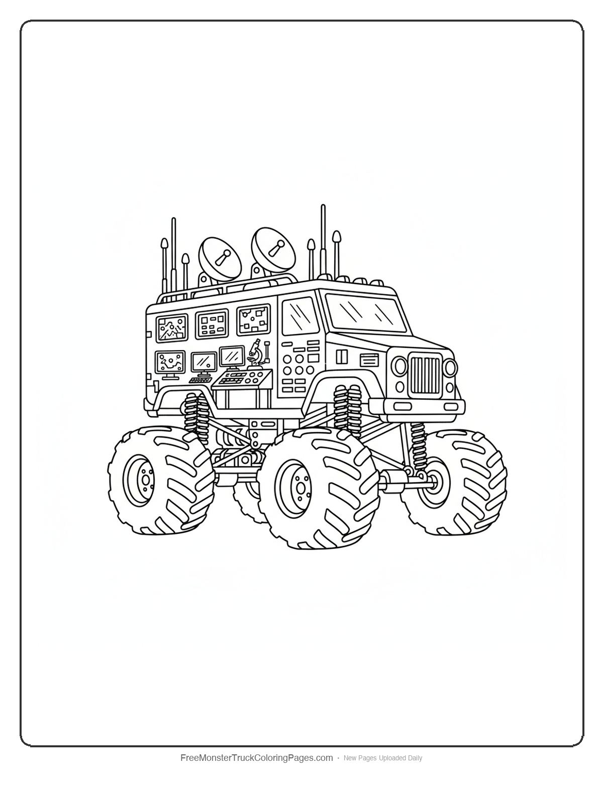 Highly detailed monster truck coloring page designed as a mobile detective command center with surveillance equipment and crime lab