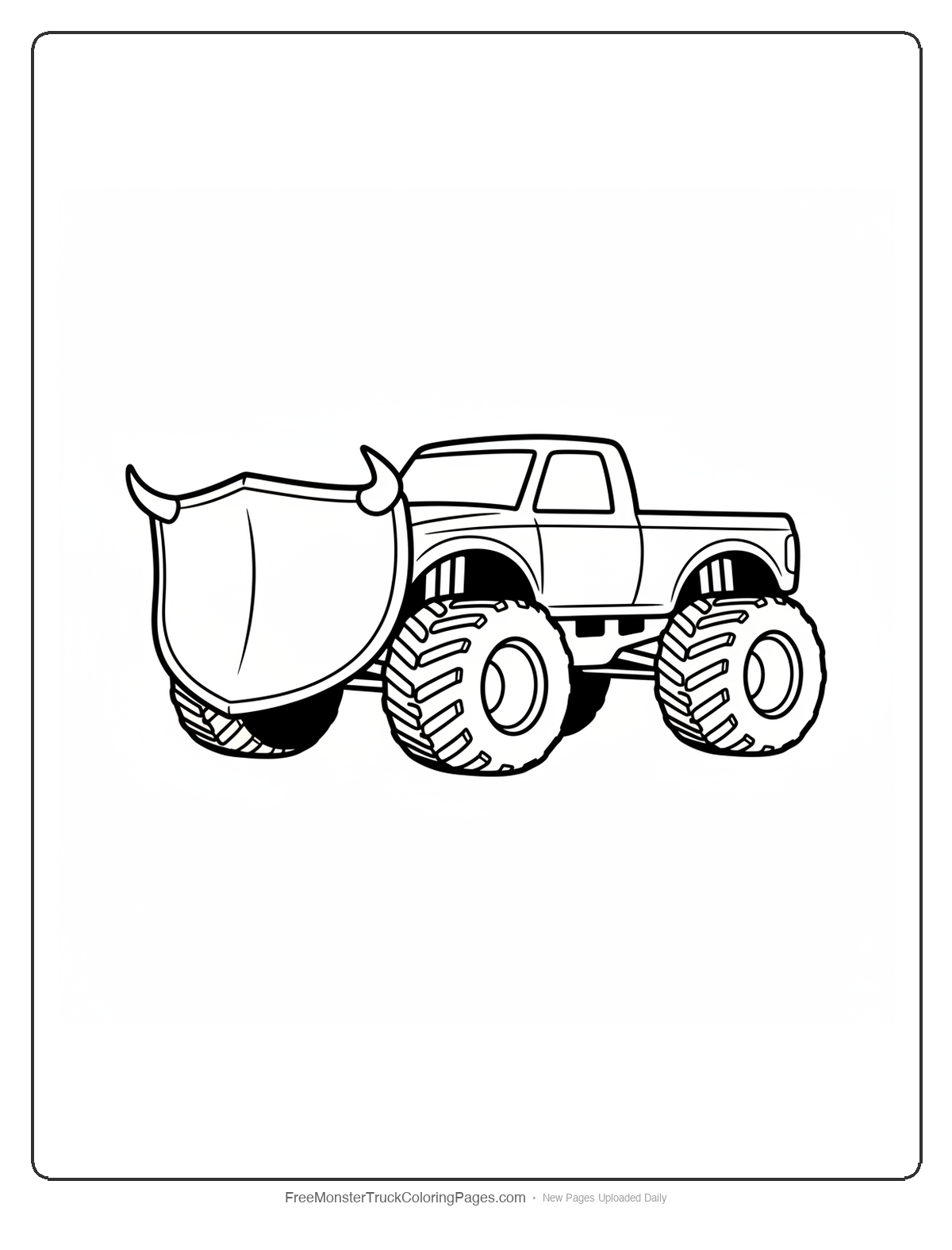 Black and white coloring page of a monster truck with a wide flat front end shaped like a matador's shield with horns on each corner