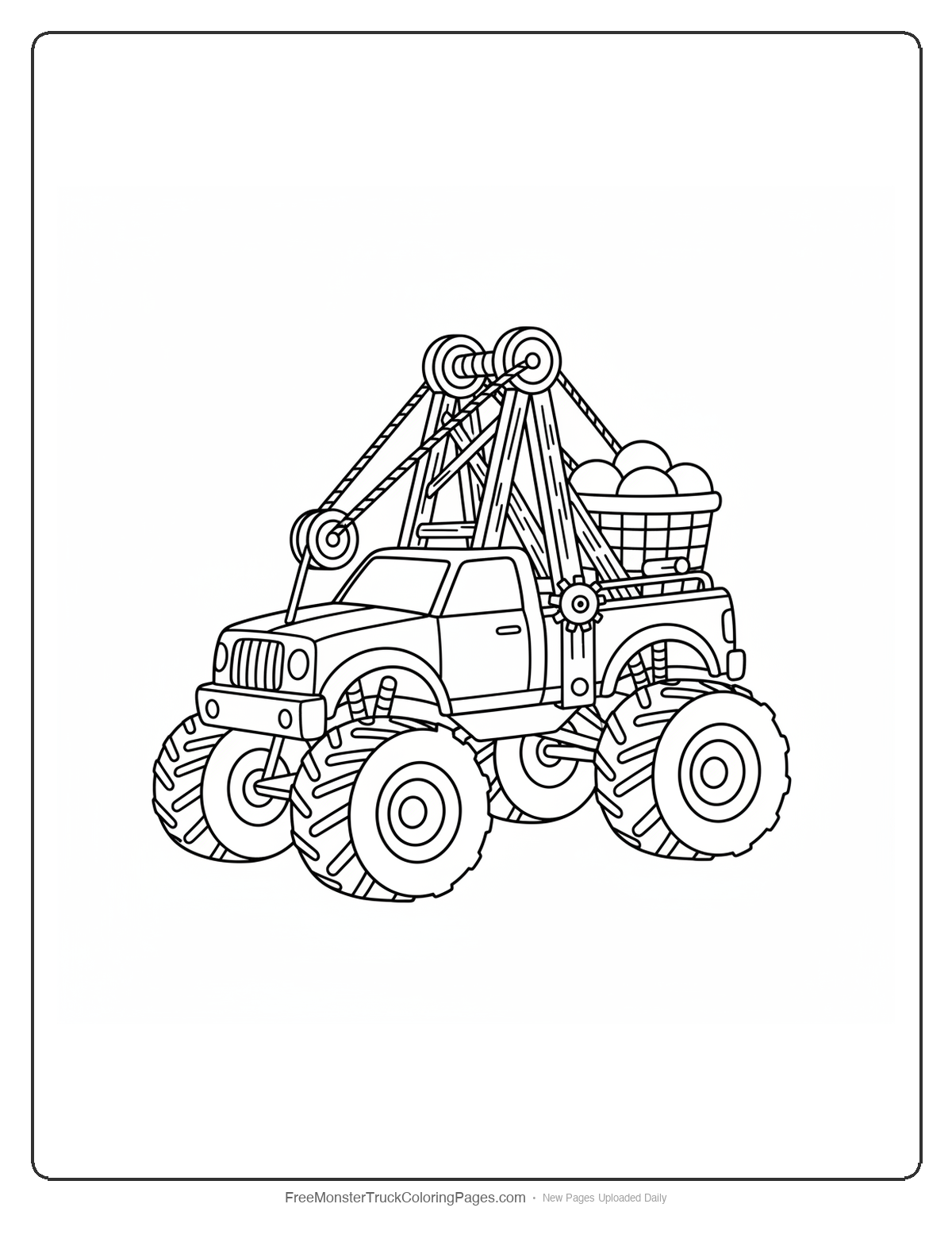 Detailed coloring page of a monster truck with an elaborate catapult mechanism mounted on the back, featuring ropes, pulleys, and wooden framework
