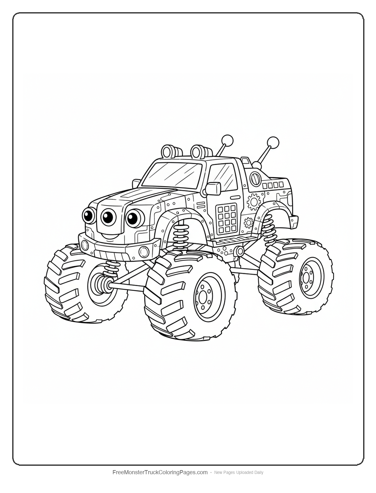 Highly detailed monster truck coloring page covered in complex robot parts, bolts, springs, and mechanical components
